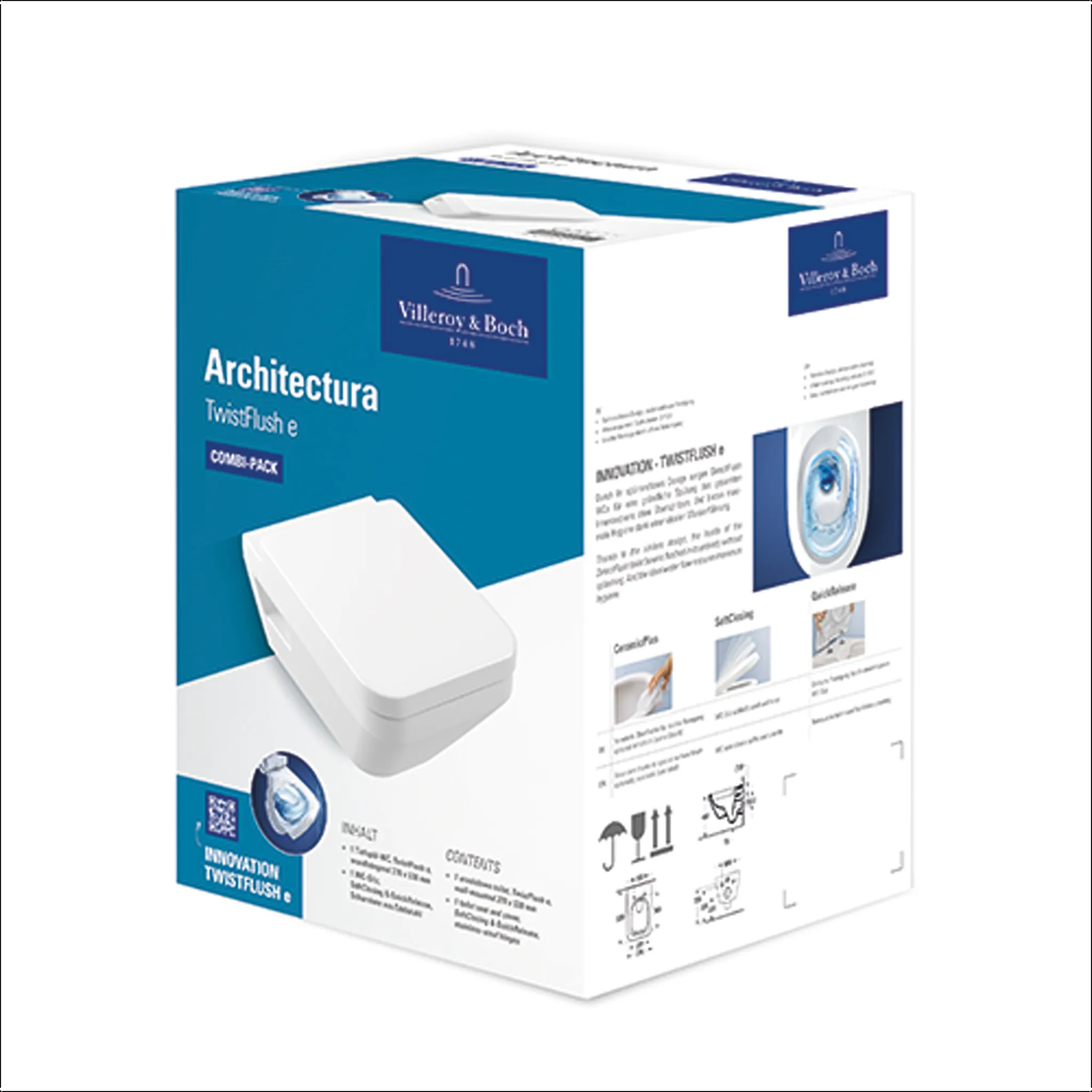 Wand-Tiefspül-WC Combi-Pack TwistFlush „Architectura“ 37 × 35,5 × 53 cm in Weiß Alpin, Befestigung sichtbar, ohne Spülrand