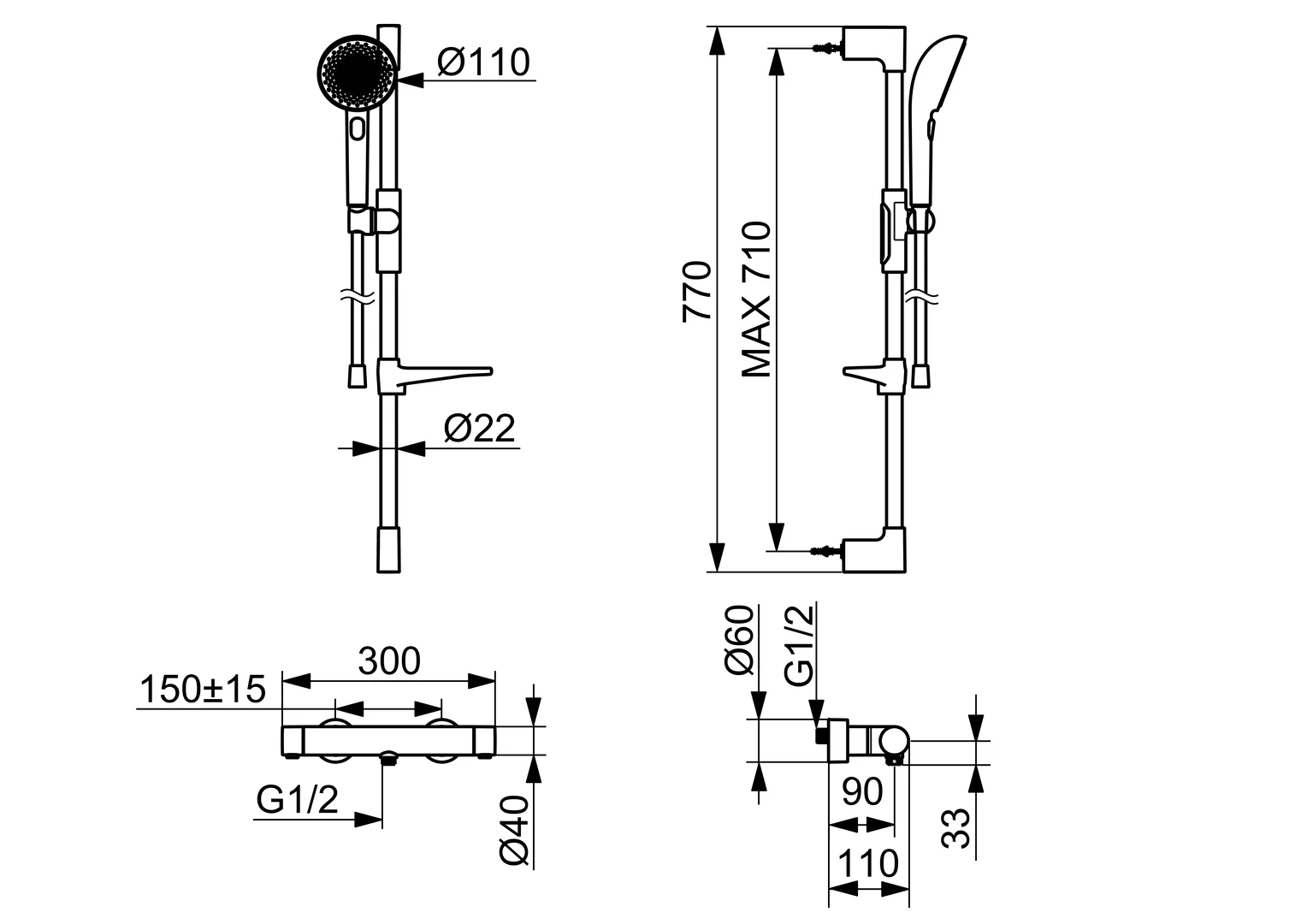 HansaPRISMA Duscharmatur Wandmontage Thermostat Stahl gebürstet 770 mm HansaPRISMA Duscharmatur Wandmontage Thermostat Stahl gebürstet 770 mm