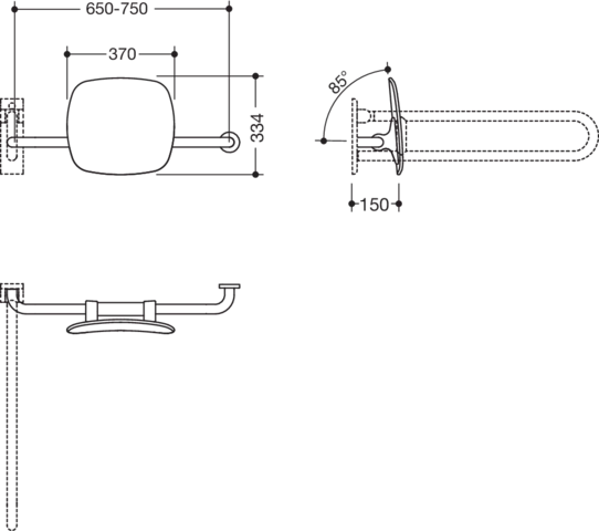 Rückenstütze, WA=150mm, rechts zur Befest.an Wand-/SK-Griff signalweiß