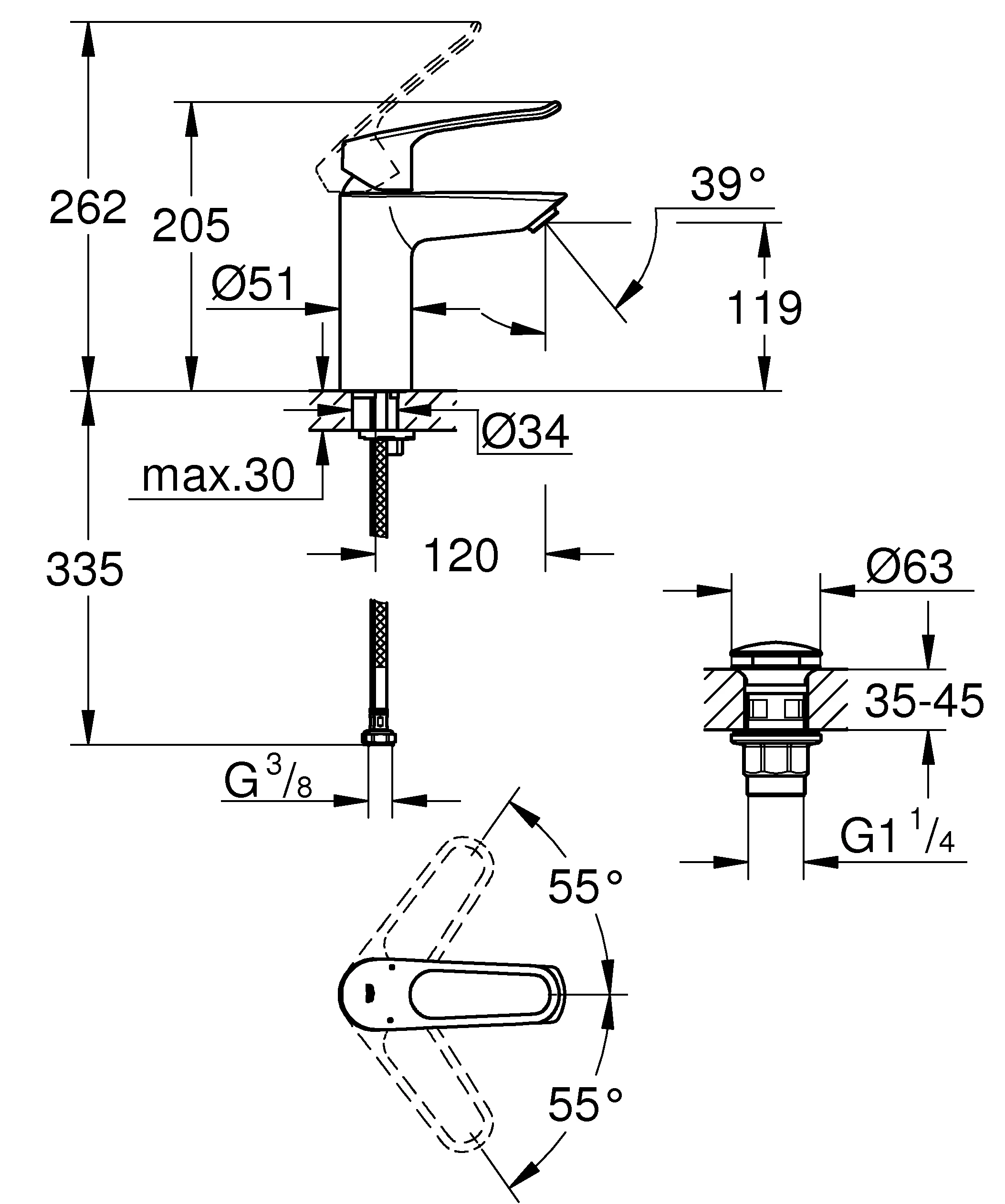 Einhand-Waschtischbatterie Eurosmart 23981_3, M-Size, offener Metall-Hebelgriff, Einlochmontage, Temperaturbegrenzer, glatter Körper mit Push-open Ablaufgarnitur, chrom
