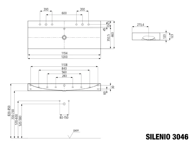 Kaldewei SILENIO Wand-Doppelwaschtisch, 1200x460 mm, warm beige 20, Perl-Effekt, Antidröhn, 2x 1HL, mit Überlauf, chrom