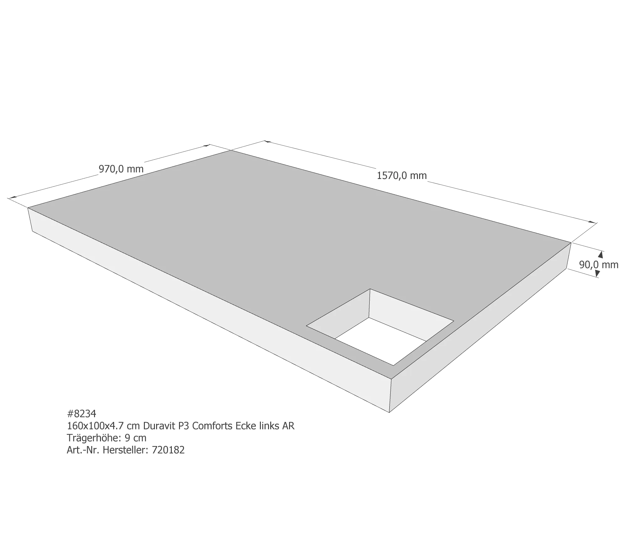 Duschwannenträger passend für Duravit P3 Comforts links 160 × 100 × 4,7 cm