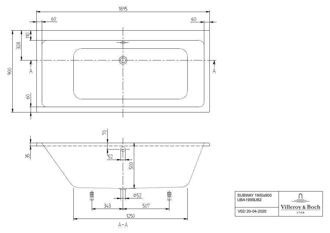 Set-Badewanne 190 x 90 cm aus Acryl „Subway“ Villeroy & Boch mit Träger und Viega Ablauf