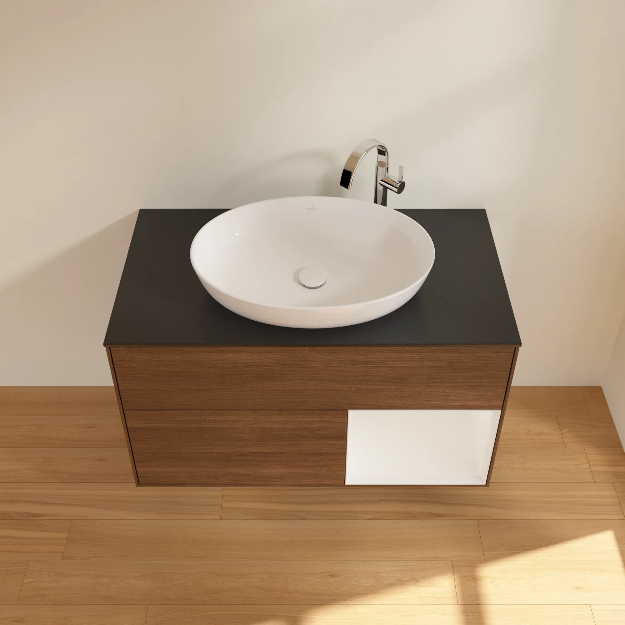 Villeroy & Boch Waschtischunterschrank „Finion“ für Schrankwaschtisch 1000 × 603 × 501 mm Walnut Veneer, für Becken mittig, mit Hahnlochbohrung Villeroy & Boch Waschtischunterschrank „Finion“ für Schrankwaschtisch 1000 × 603 × 501 mm Walnut Veneer, für Becken mittig, mit Hahnlochbohrung