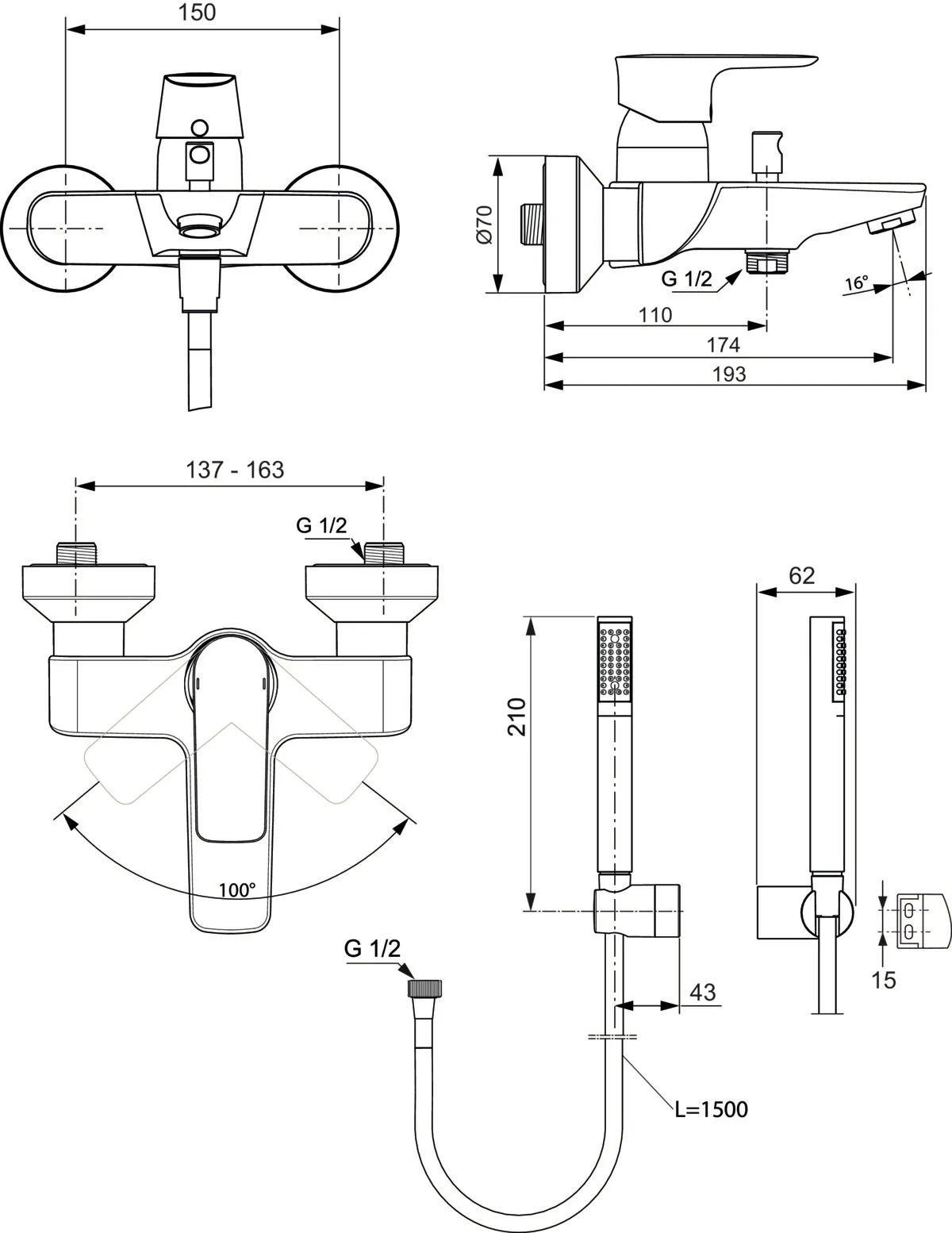 Einhand-Wannenarmatur „ConnectAir“ Ausladung 174 mm in Chrom