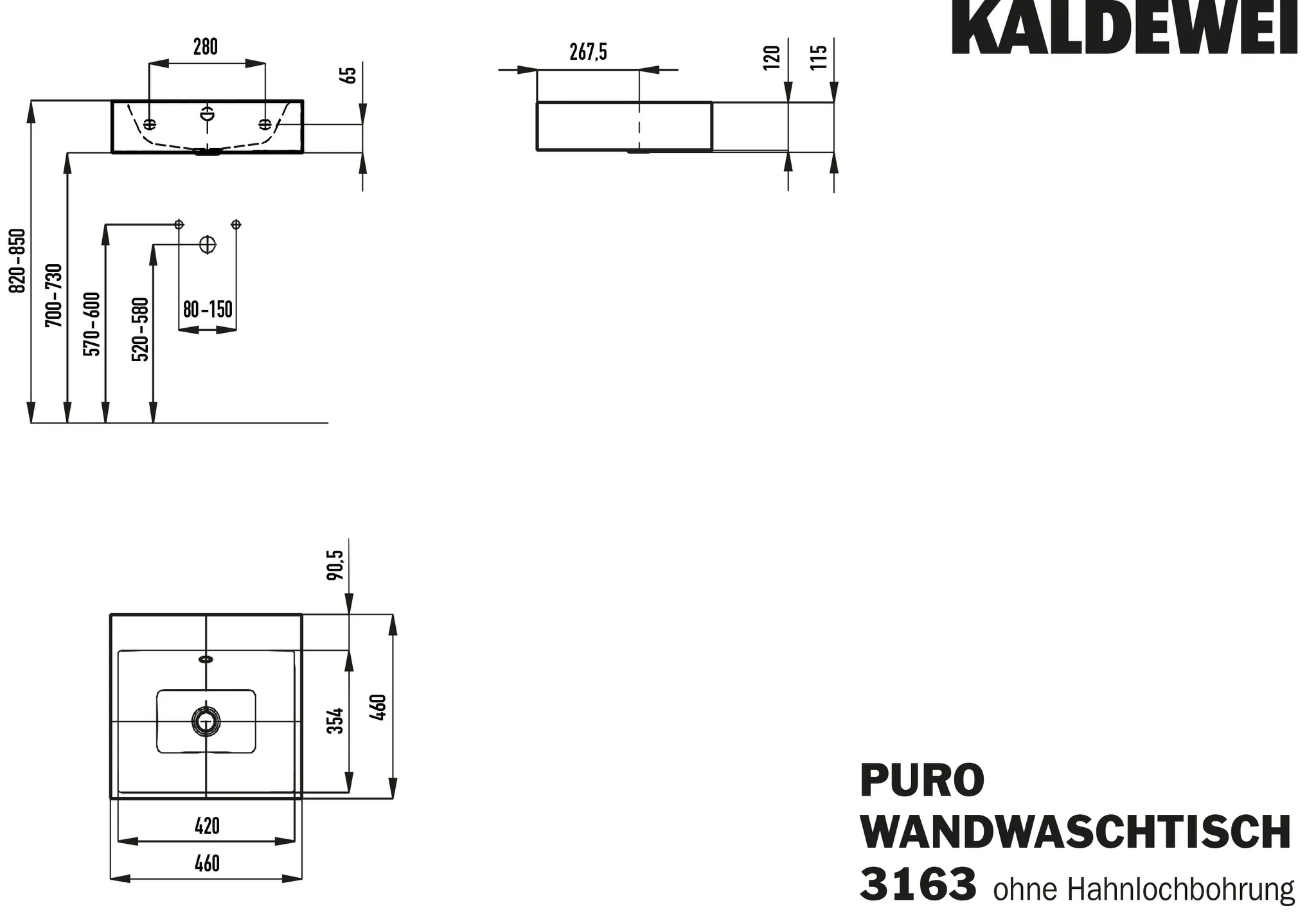 Wandwaschtisch „Puro“ 46 × 46 cm, mit Überlauf, ohne Hahnlochbohrung in alpinweiß mit Perl-Effekt