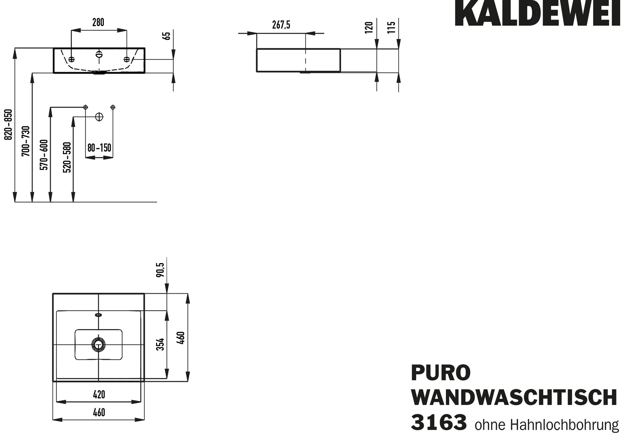 Wandwaschtisch „Puro“ 46 × 46 cm, mit Überlauf, ohne Hahnlochbohrung in schwarz mit Perl-Effekt