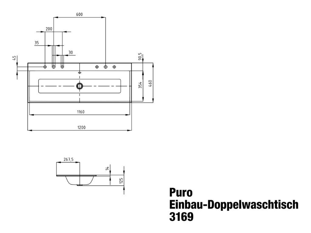 Doppelwaschtisch „Puro“ 120 × 46 cm, mit Überlauf, mit Hahnlochbohrung in alpinweiß mit Perl-Effekt