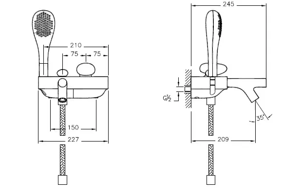 Istanbul Einhebel-Wannenfüll- und Brausearmatur Wandmontage inklusive Handbrause und Brauseschlauch Chrom