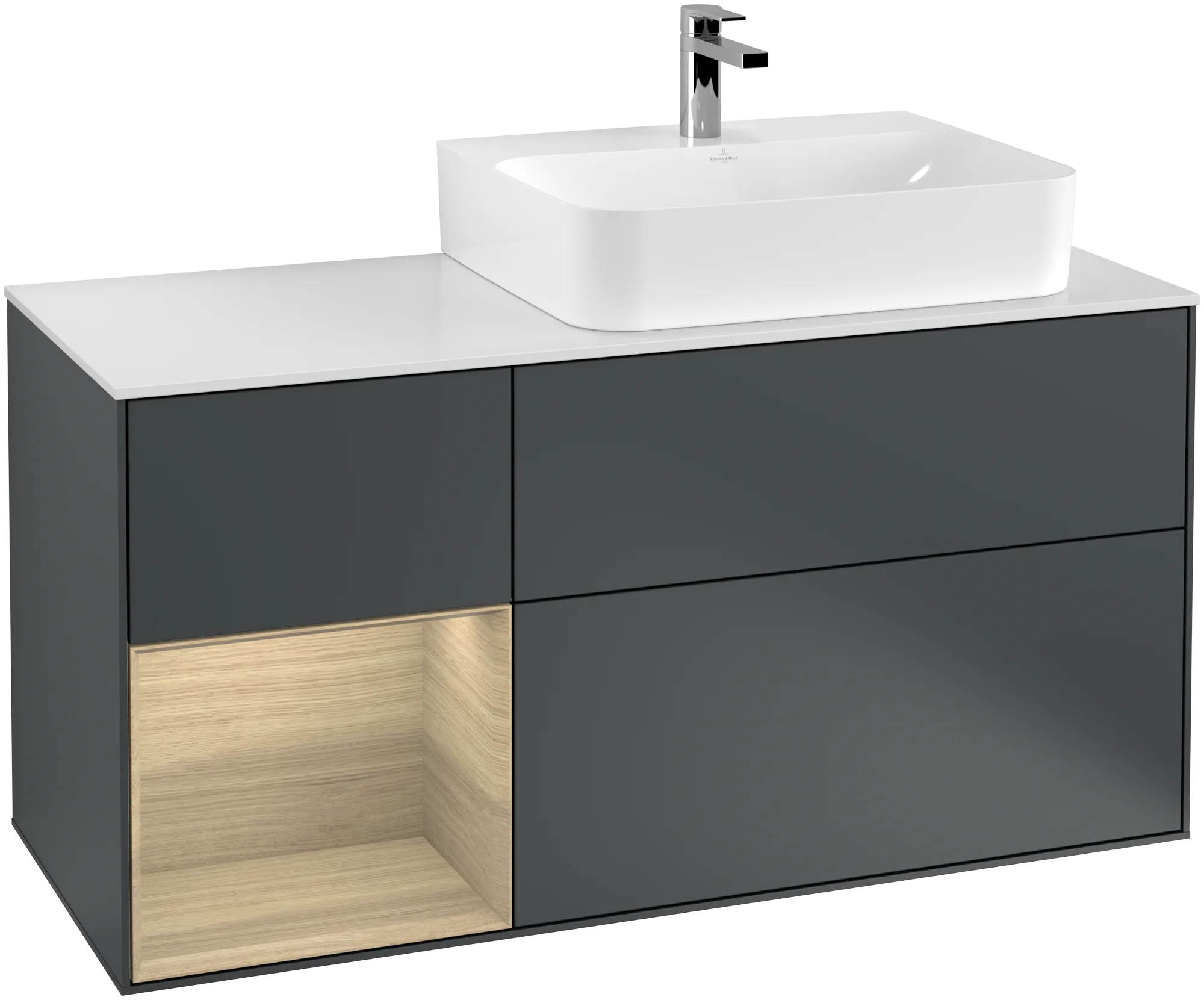 Villeroy & Boch Finion Waschbeckenunterschrank F14, 1200x603x501mm, Midnight Blue Matt Lacquer / Oak Veneer / Glass White Matt
