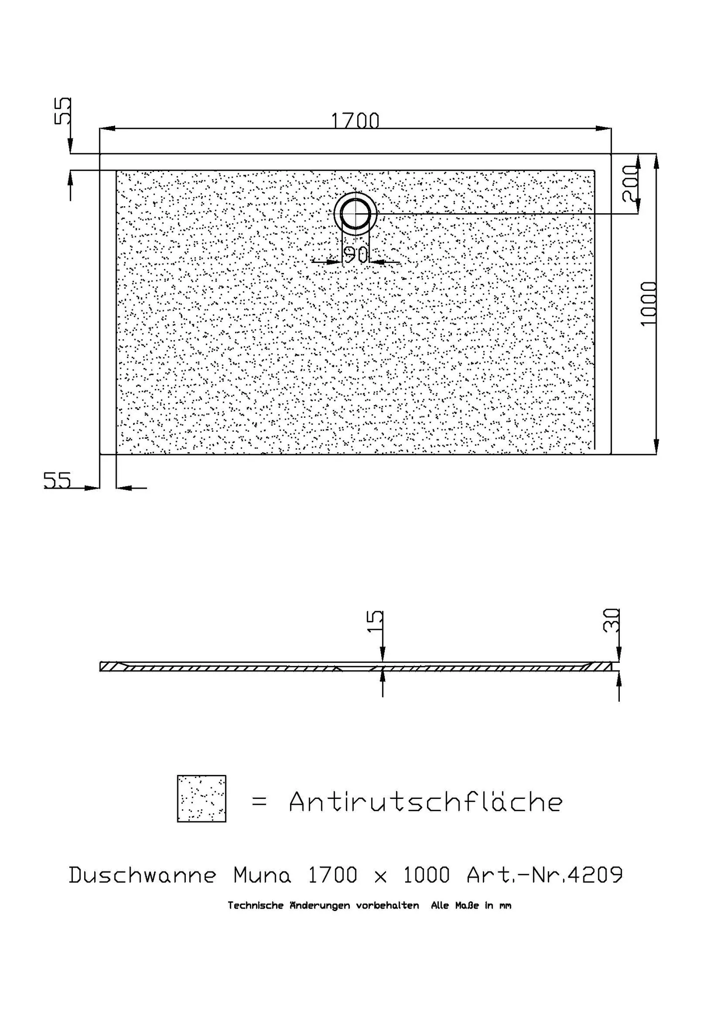 Duschwanne „Muna“ Rechteck 170 × 100 cm in Telegrau