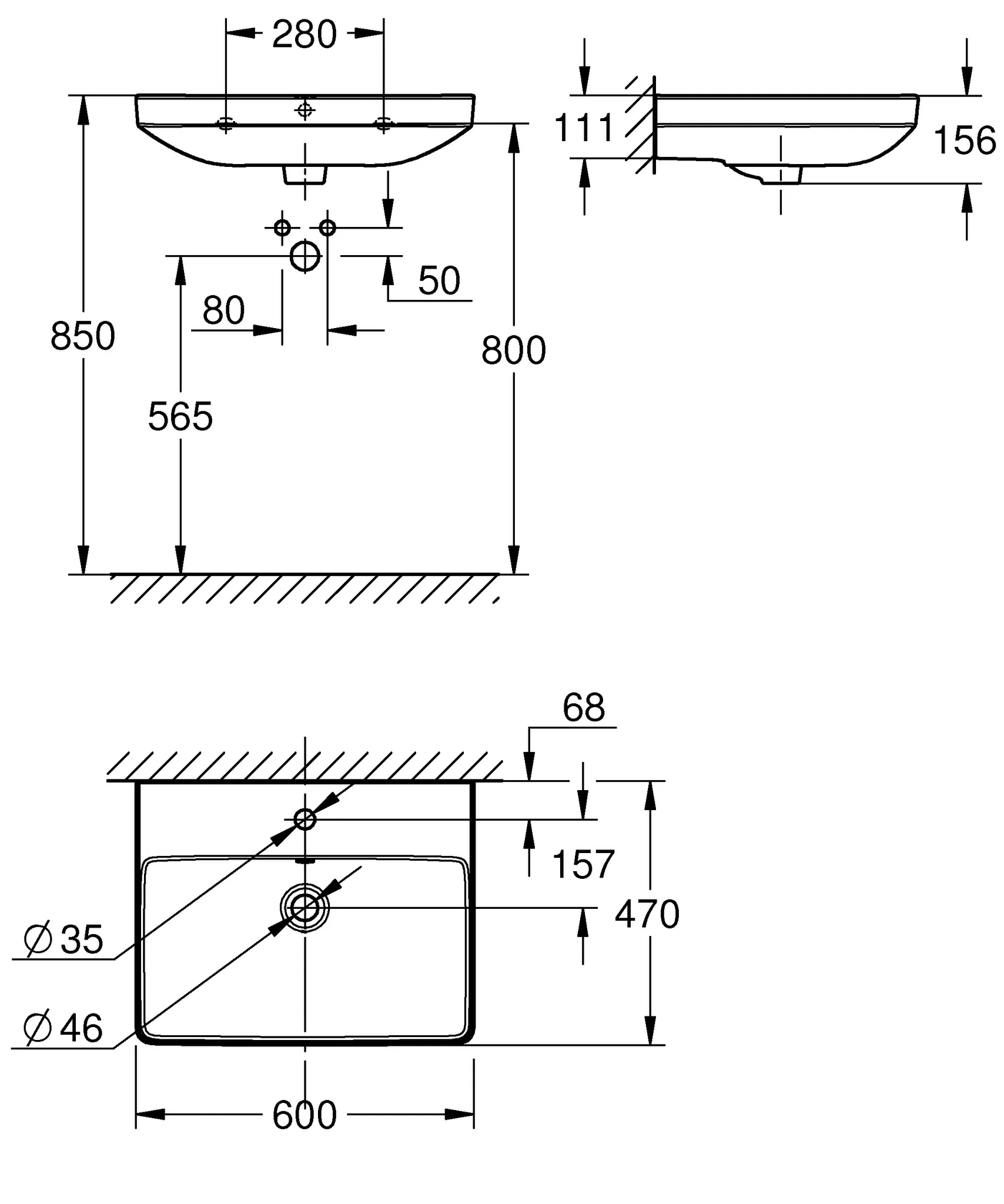 Waschbecken „Euro Keramik“, Hahnlochposition mittig Waschbecken „Euro Keramik“, Hahnlochposition mittig