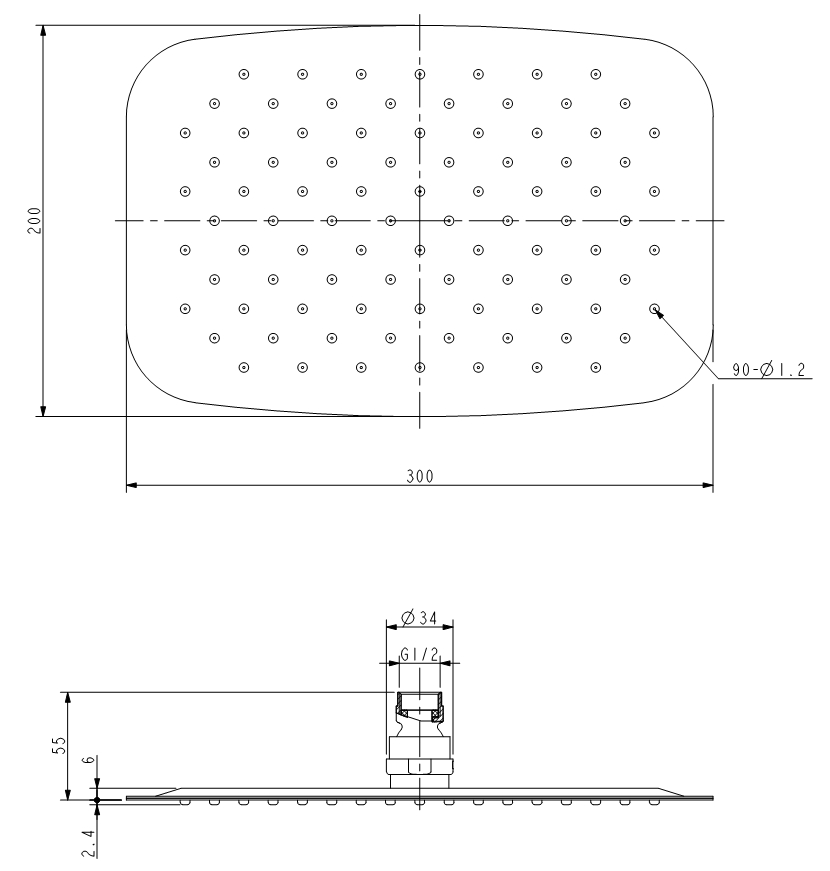 Kopfbrause AqvaGreen - rechteckig - 300 × 200 mm - sichtbare Höhe 2,4 mm - "easy-clean" - 1/2″ IG - Kugelgelenk, 45° schwenkbar - 11,4 L/min bei 3 bar - Edelstahl, hochglanzpoliert