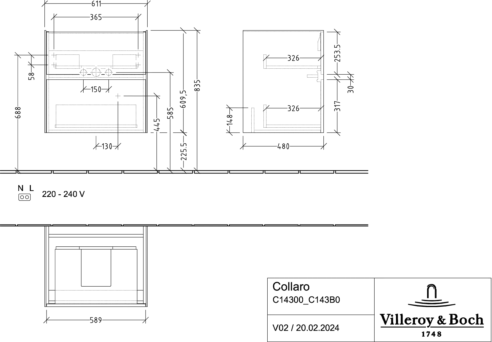 Villeroy & Boch Waschtischunterschrank „Collaro“ 611 × 610 × 480 mm Wine Red, mit Beleuchtung, für Becken mittig Villeroy & Boch Waschtischunterschrank „Collaro“ 611 × 610 × 480 mm Wine Red, mit Beleuchtung, für Becken mittig
