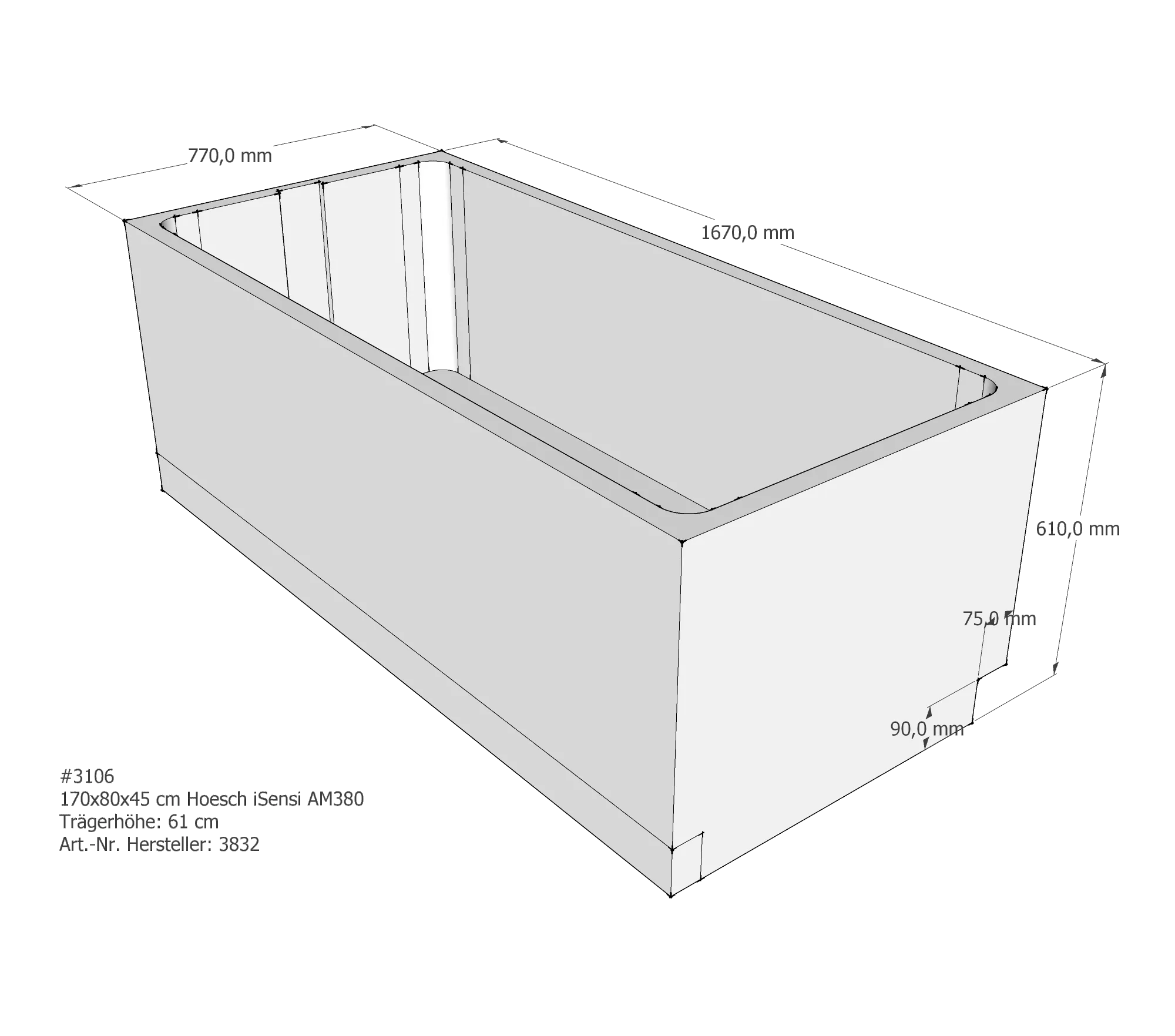 Badewannenträger passend für Hoesch iSensi 170 × 80 × 45 cm