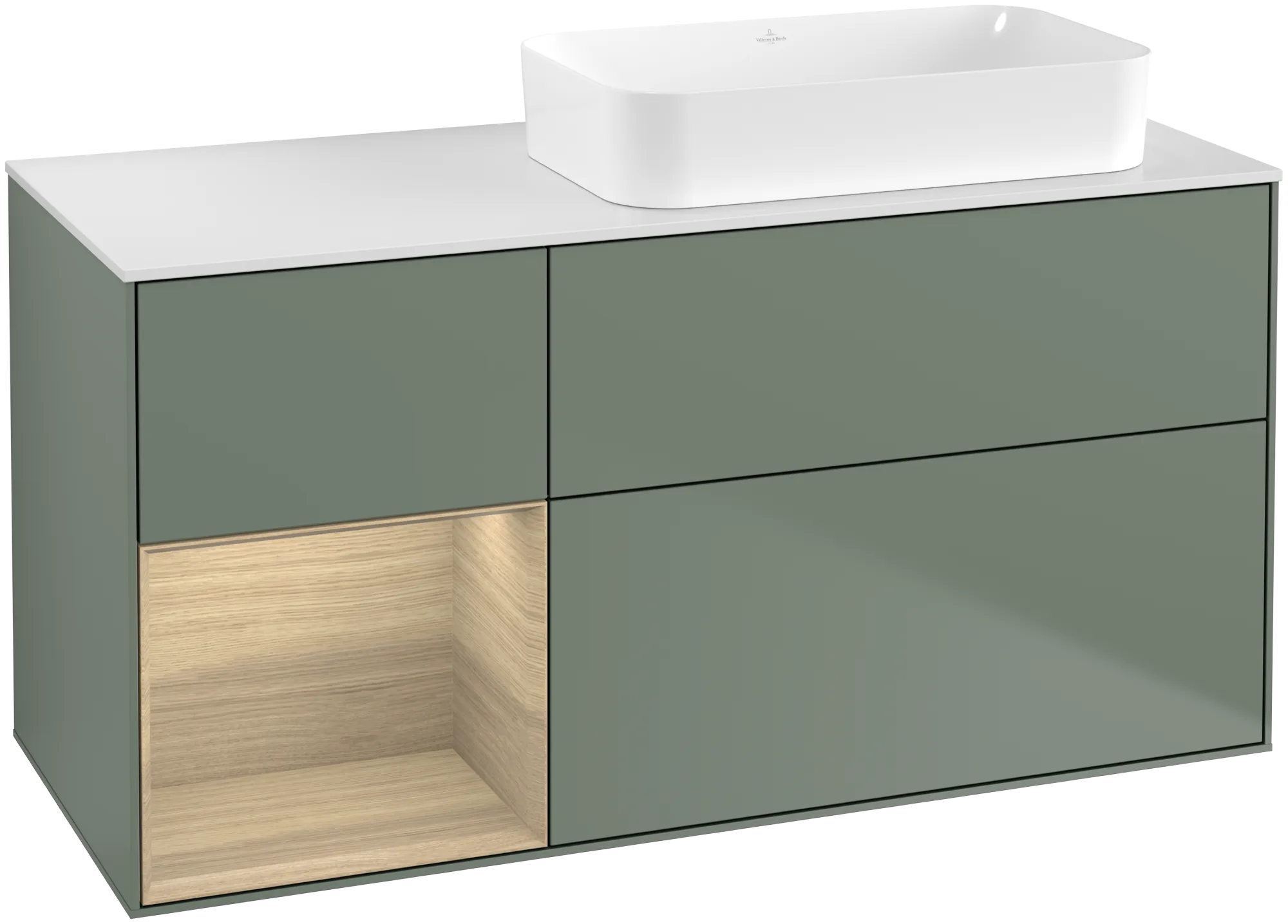 Villeroy & Boch Finion Waschbeckenunterschrank G68, Olive Matt Lacquer / Oak Veneer / Glass White Matt