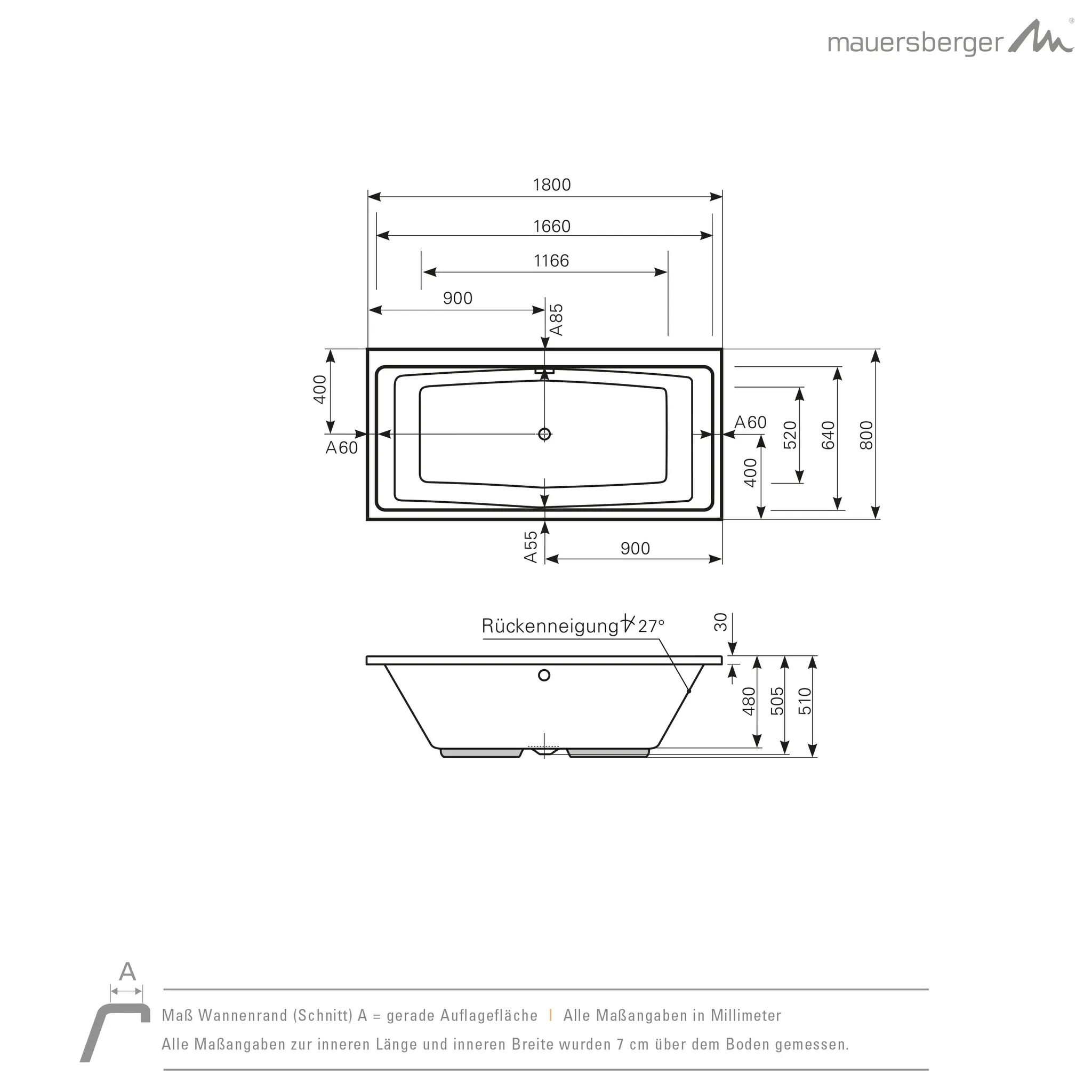 Mauersberger duoformis Acryl-Badewanne Rechteckform 180⁄80 1800x800x510, Farbe: weiß