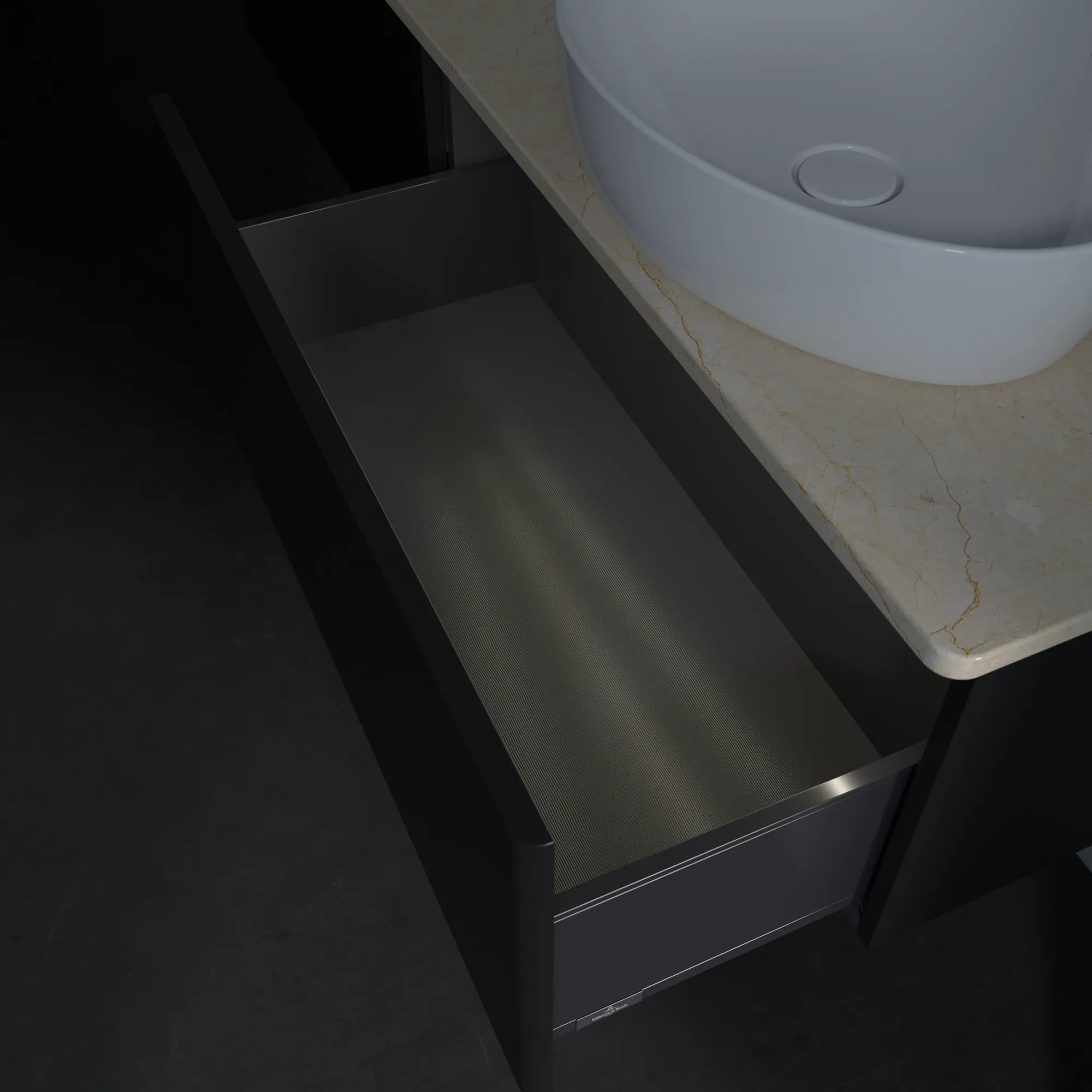 Villeroy & Boch Waschtischunterschrank „Antao“ 1600 × 360 × 500 mm Black Matt Lacquer, für Becken rechts, mit Beleuchtung Villeroy & Boch Waschtischunterschrank „Antao“ 1600 × 360 × 500 mm Black Matt Lacquer, für Becken rechts, mit Beleuchtung