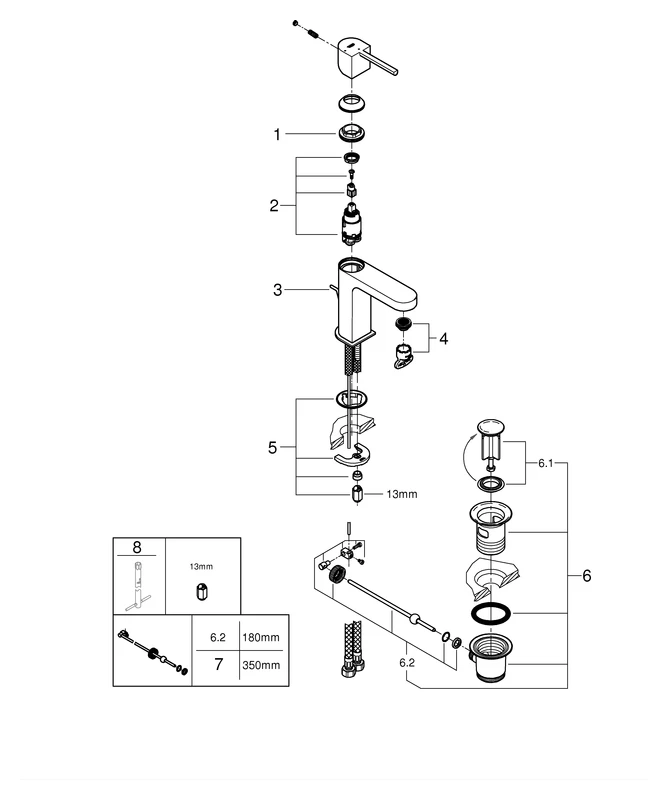 Einhand-Waschtischbatterie Plus 23870_3, S-Size, Einlochmontage, Energie-Spar-Funktion Mittelstellung kalt, Zugstangen-Ablaufgarnitur 1 1/4″, chrom