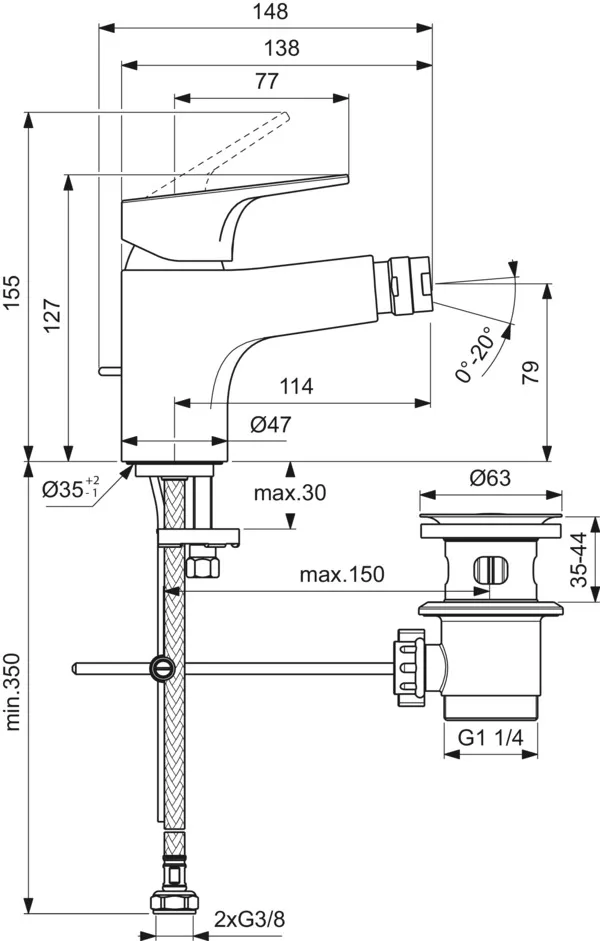 Bidetarmatur Cerabase mit Ablaufgarnitur Ausladung 114mm Chrom