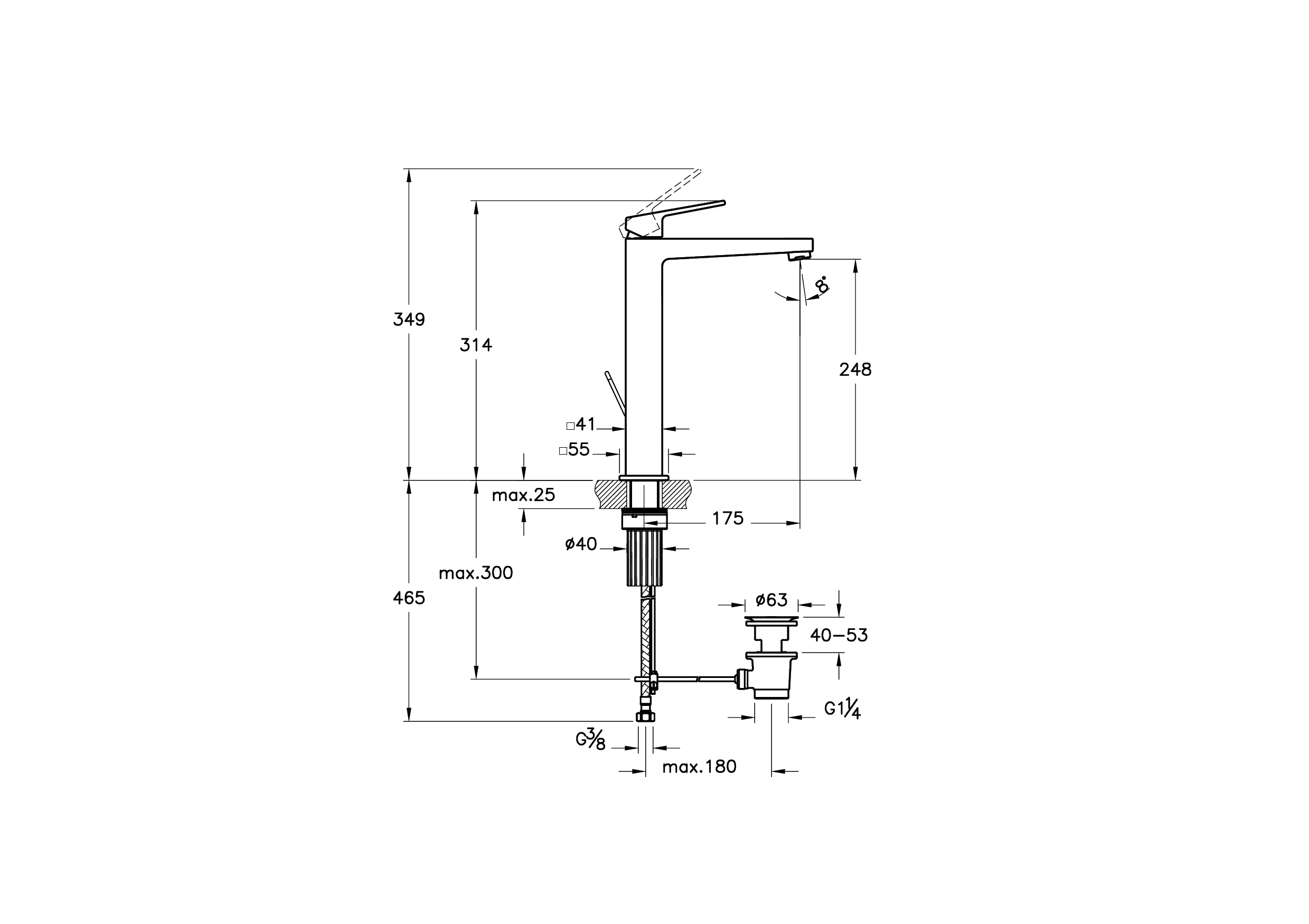 Minimax Square Einhebel-Waschtischmischer mit Ablaufgarnitur Höhe 31 cm Einlochmontage Schwarz Matt
