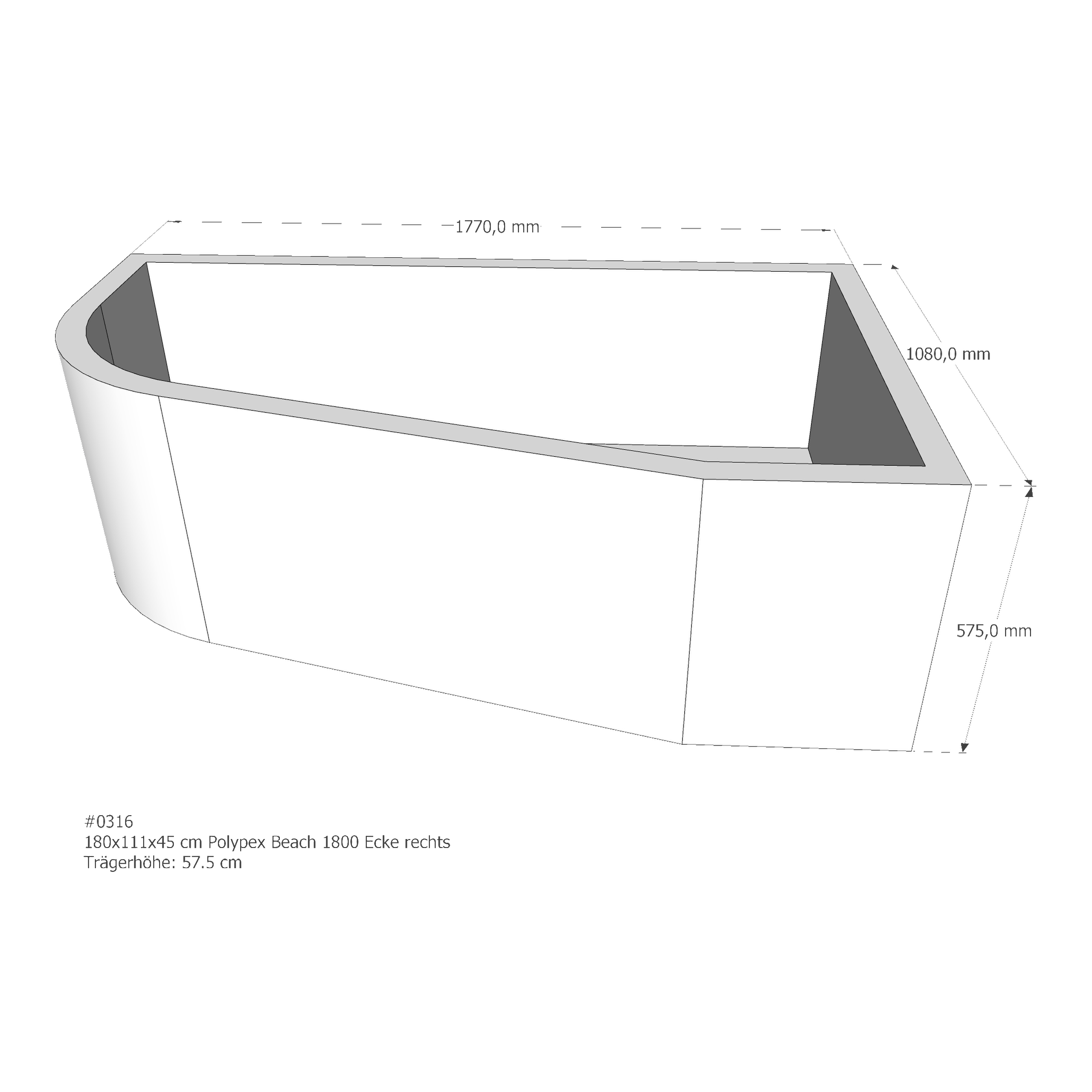 Badewannenträger für Polypex Beach 1800 Ecke rechts 180 × 111 × 45 cm