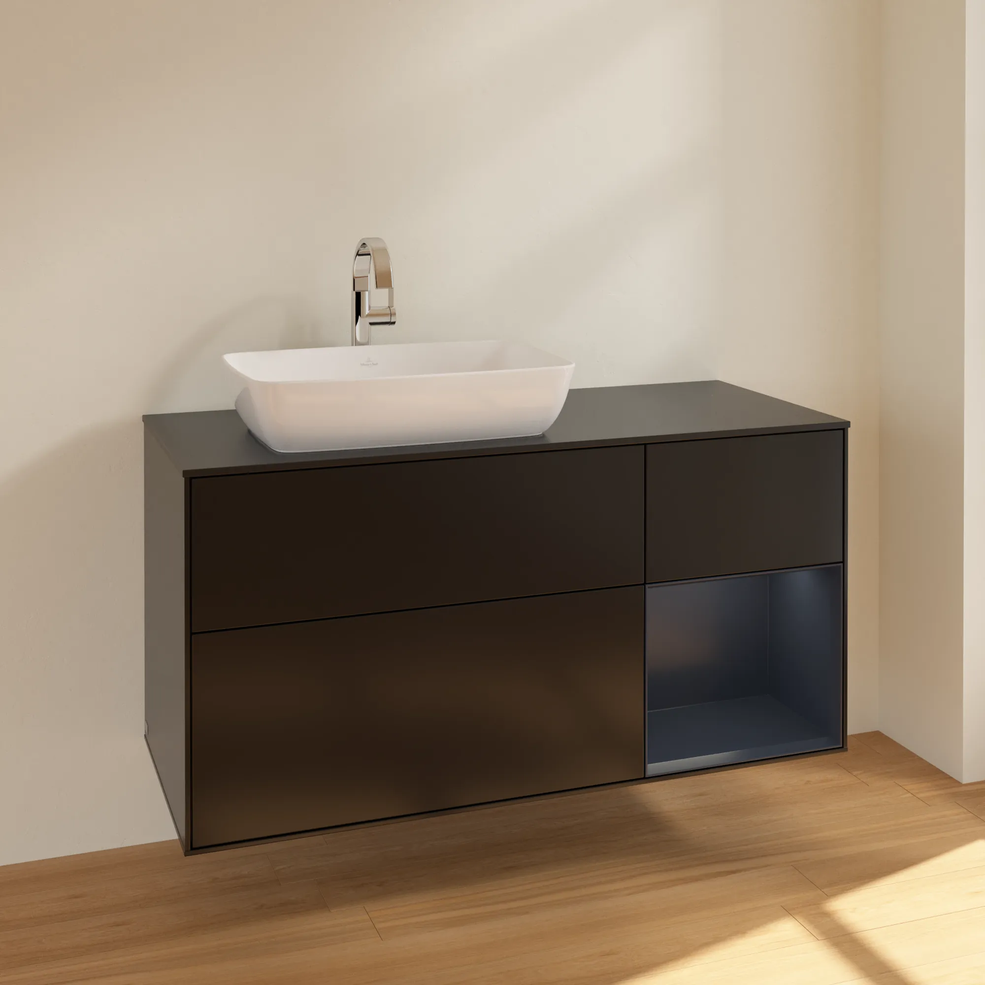 Villeroy & Boch Waschtischunterschrank „Finion“ für Schrankwaschtisch 1200 × 603 × 501 mm Black Matt Lacquer, für Becken links Villeroy & Boch Waschtischunterschrank „Finion“ für Schrankwaschtisch 1200 × 603 × 501 mm Black Matt Lacquer, für Becken links