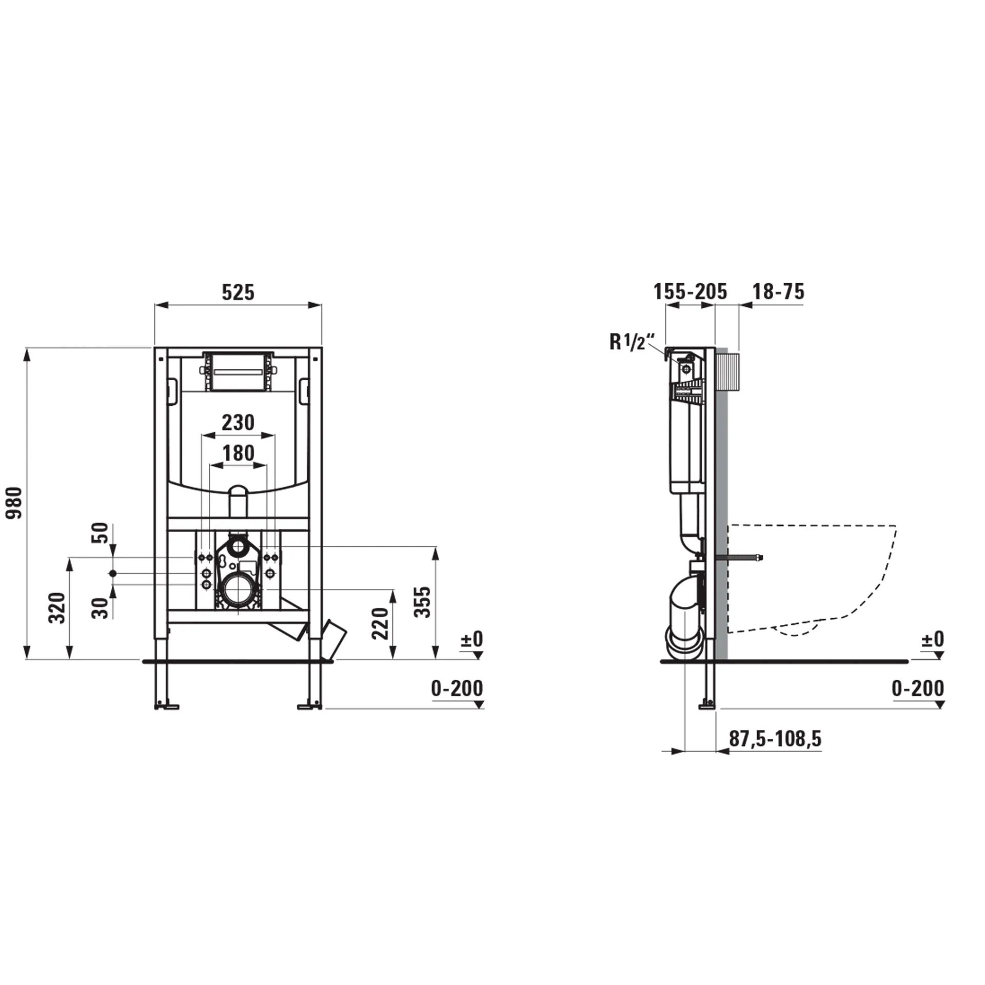 Installationselement INEOLINK mit Spülkasten für Wand-WC und Dusch-WC, Bauhöhe 980 mm, Stahlrahmen, Füße höhenverstellbar und drehbar, Spülkasten für Frontbetätigung und Betätigung von oben, mit Dual-Flush 2-MengenSpülsystem