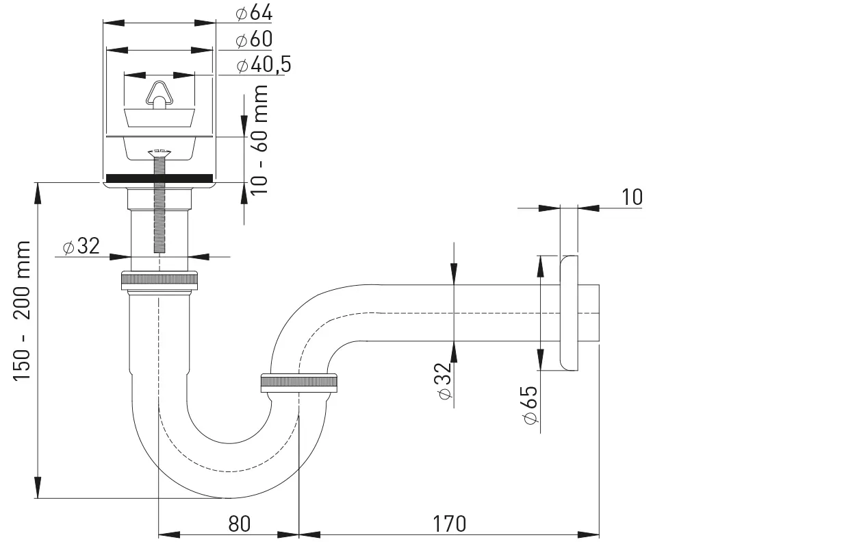 Röhrengeruchverschluss MS vc 1 1/4″ x 60 mit Universalventil und Stopfen