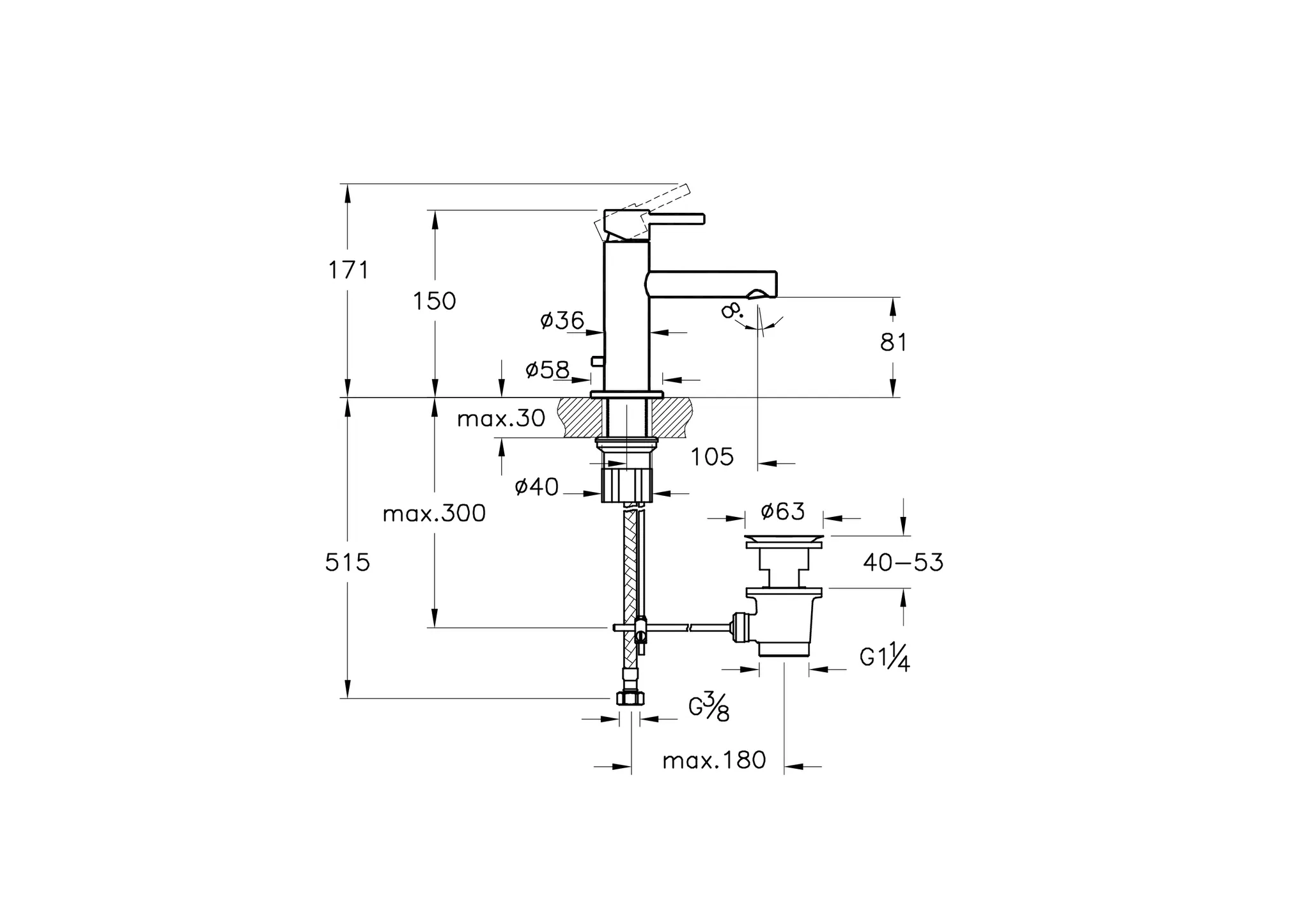 Origin Einhebel-Waschtischmischer mit Ablaufgarnitur Höhe 15 cm Einlochmontage Chrom