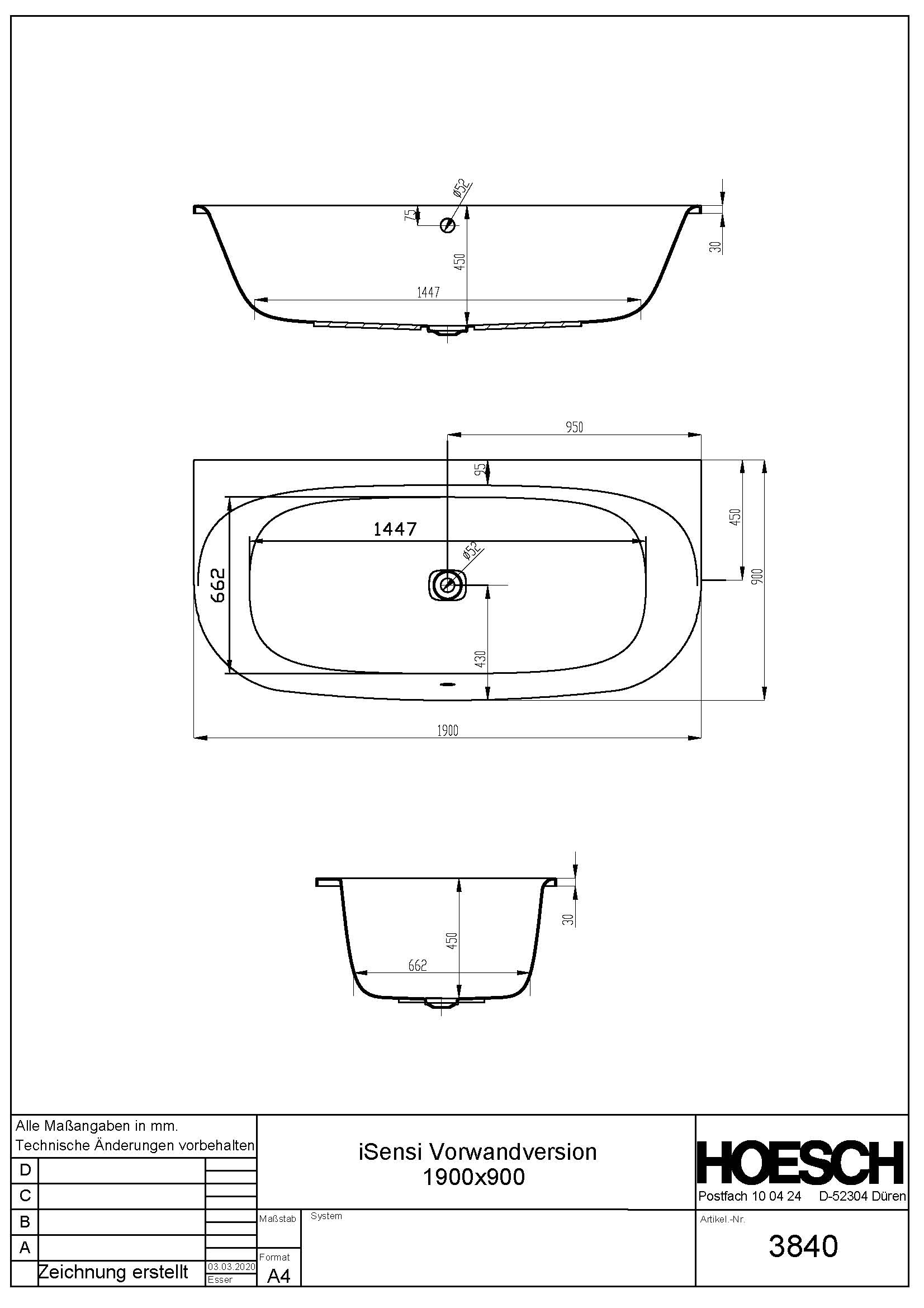 Hoesch Badewanne „iSensi“ vorwand halbkreis 190 × 90 cm in 
