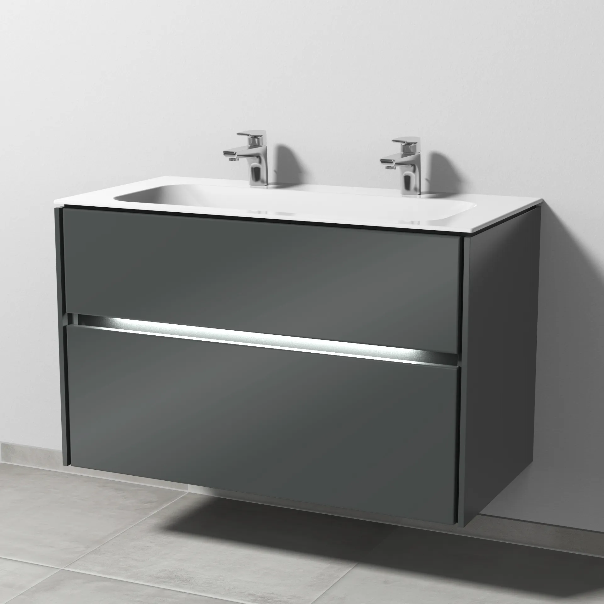 Keramik-Waschtisch-Set mit Waschtischunterschrank „Twiga“ 99 × 50 × 61 cm in Anthrazit (glanz), mit Beleuchtung, mit Hahnlochbohrung Keramik-Waschtisch-Set mit Waschtischunterschrank „Twiga“ 99 × 50 × 61 cm in Anthrazit (glanz), mit Beleuchtung, mit Hahnlochbohrung
