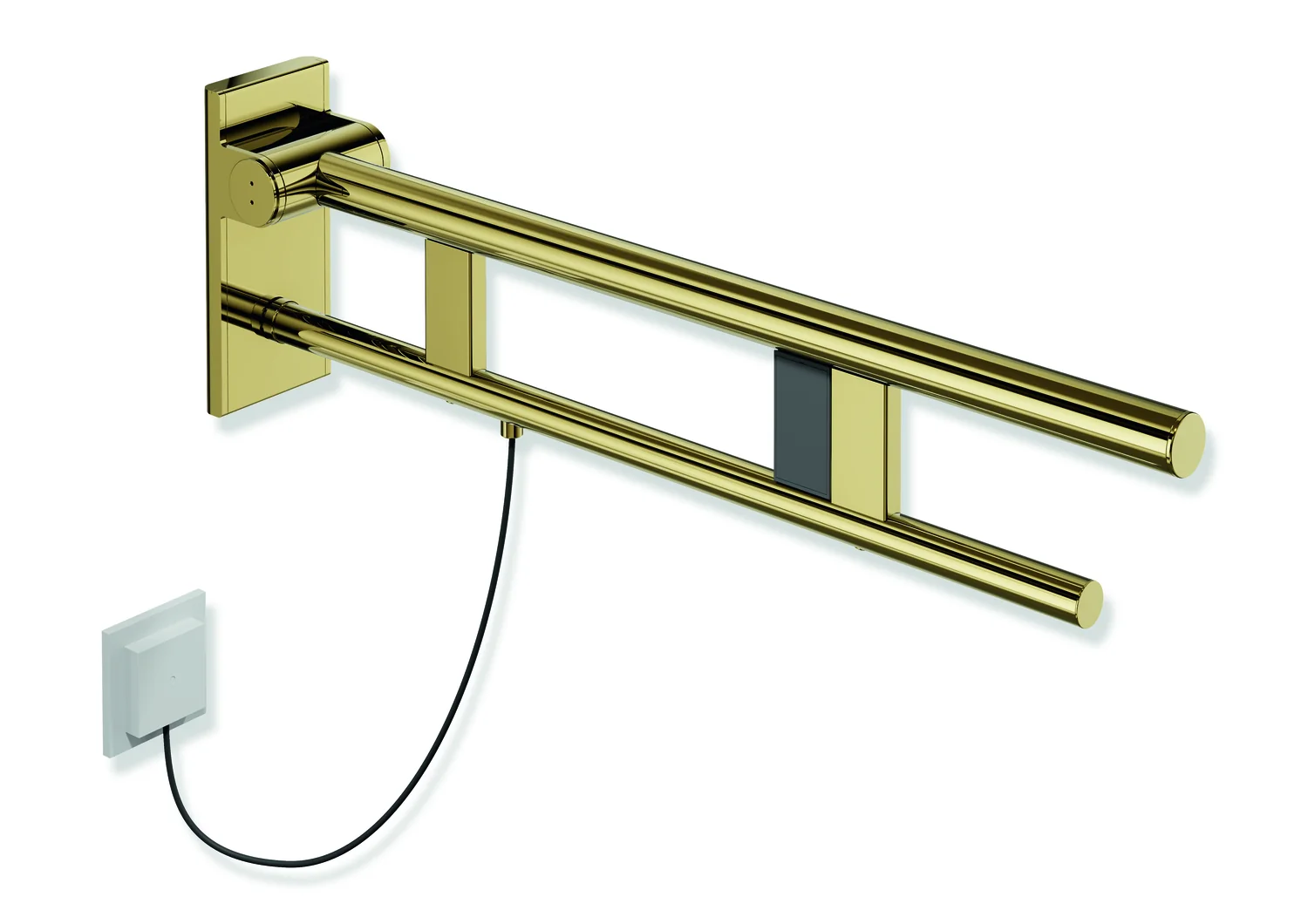 HEWI Stützklappgriff Duo System 900 Design A, Edelstahl PVD gold glänzend, Ausladung 700 mm, rechts, mit Spül-/Funktionstasten HEWI Stützklappgriff Duo System 900 Design A, Edelstahl PVD gold glänzend, Ausladung 700 mm, rechts, mit Spül-/Funktionstasten