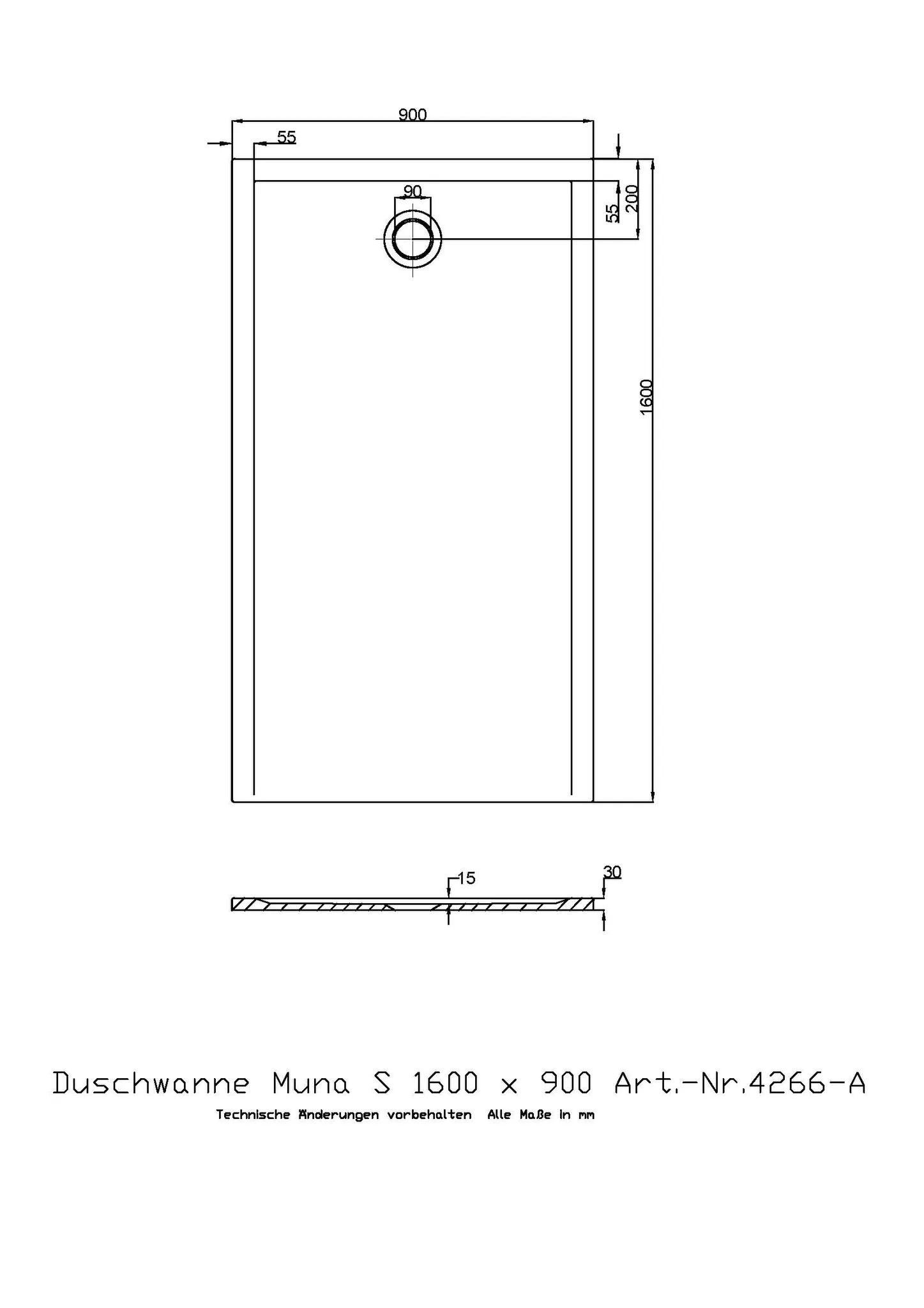 Duschwanne „Muna S“ Rechteck 160 × 90 cm in Weiß Matt