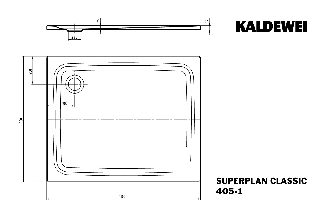 Kaldewei SUPERPLAN CLASSIC Duschfläche, 900x1100 mm, warm grey 10, Secure Plus Antislip, 25 mm tief, Eckablauf