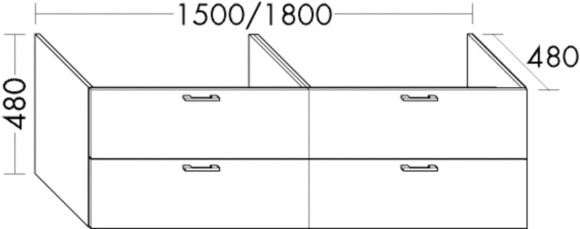 Waschtischunterschrank Sys30 von burgbad - 1500 mm breit, 480 mm hoch und tief, 2 Schubladen oben mit Siphonausschnitt, 2 Auszüge unten