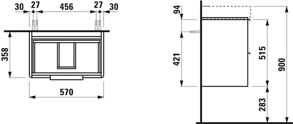 Waschtischunterbau BASE für PRO S 358x570x515 2 Schubladen mit Griff aluminium eloxiert für Waschtisch H818959 weiß matt