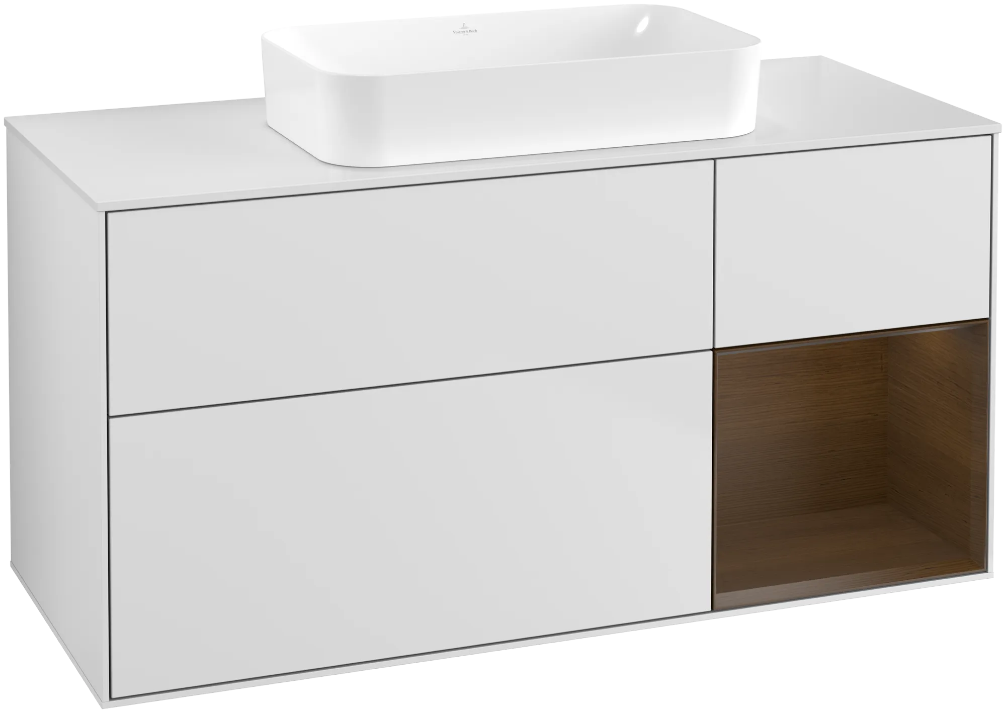 Villeroy & Boch Finion Waschbeckenunterschrank G71, 1200x603x501mm, mit Beleuchtung, White Matt Lacquer / Walnut Veneer / Glass White Matt