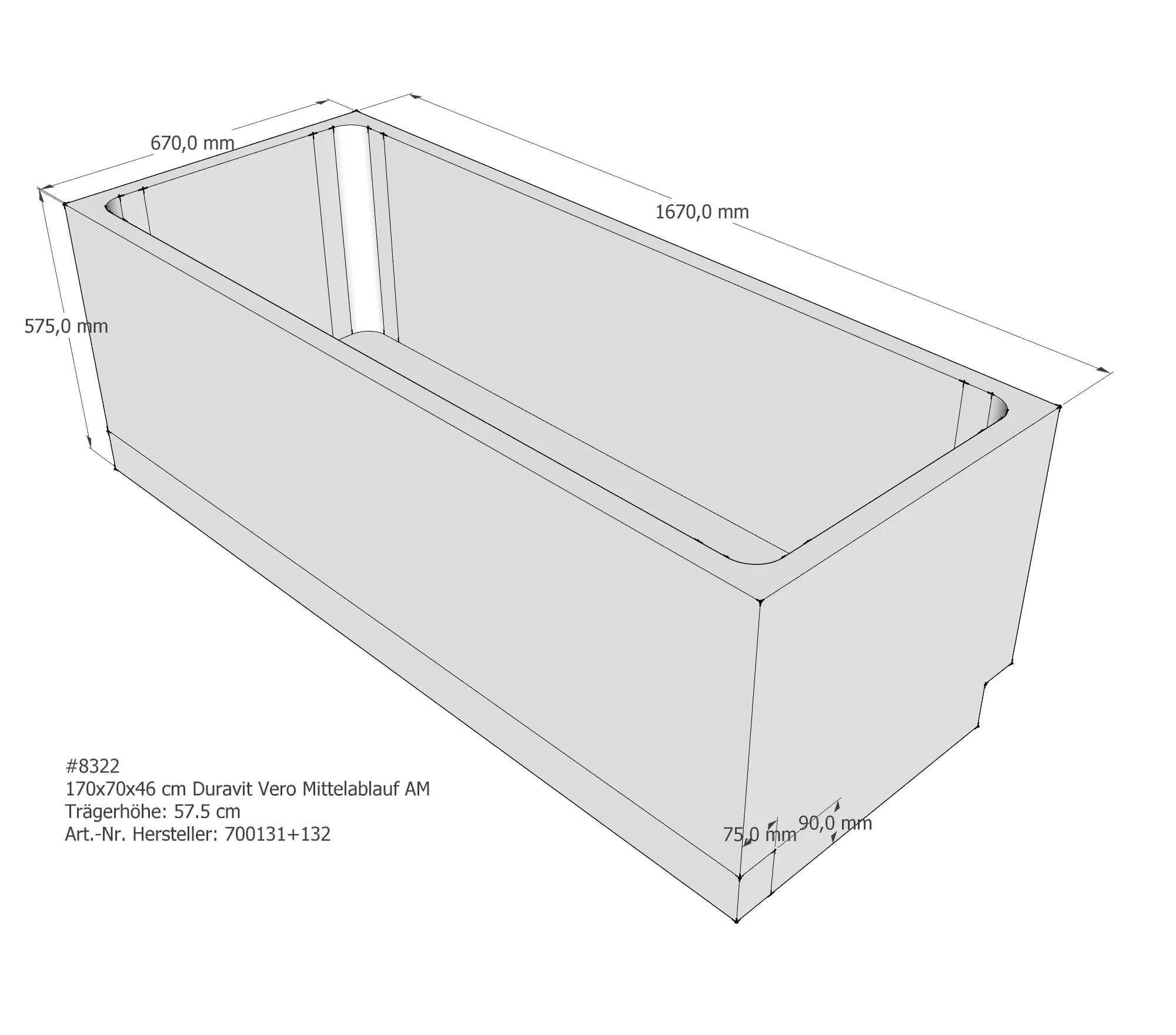 Badewannenträger für Duravit Vero 170 × 70 × 46 cm