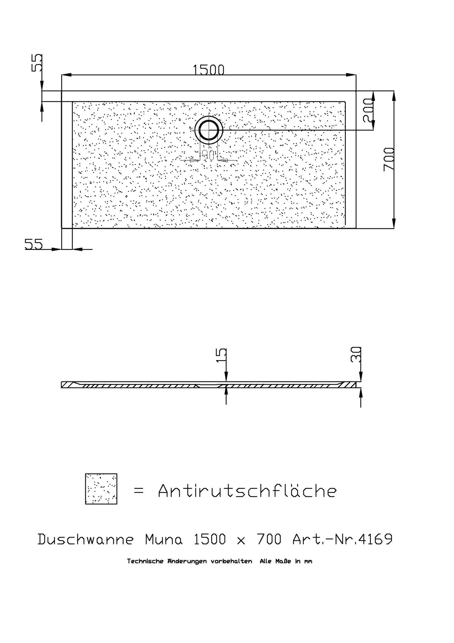 Hoesch Muna Duschwanne Mineralguss Solique, Weiß, 1500x700x30mm