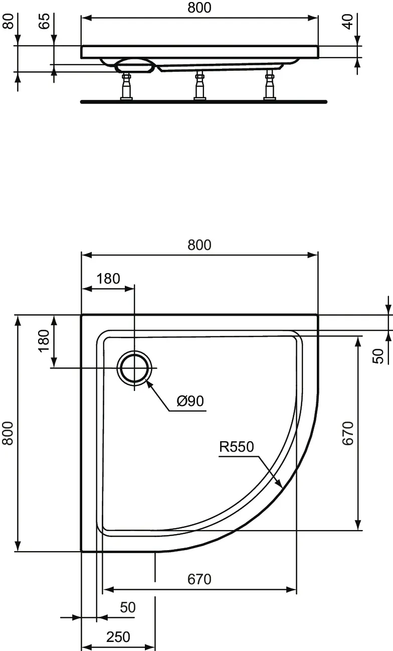 Ideal Standard Viertelkreis-Brausewanne Hotline Neu, Weiß, 800x800x80mm