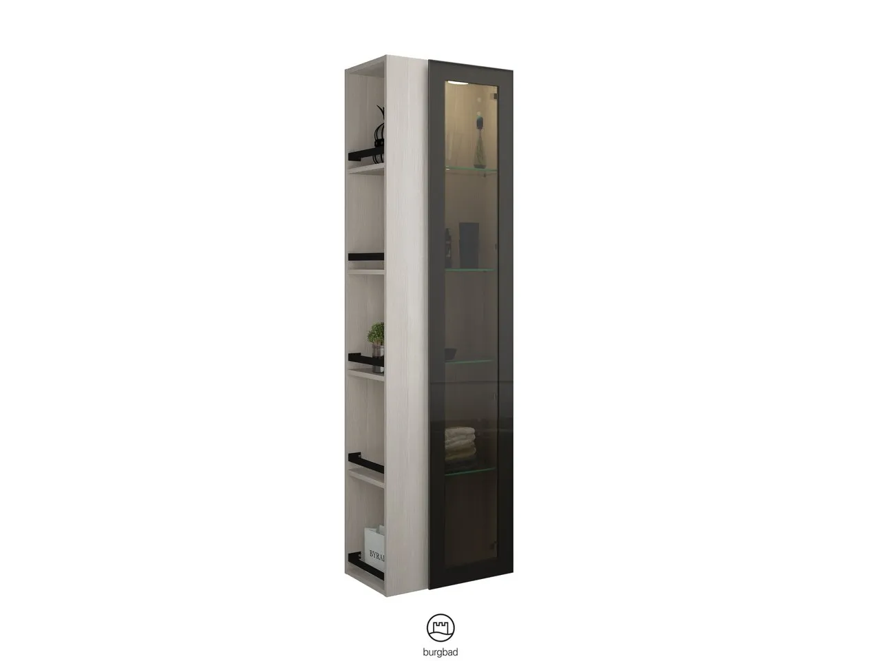 Hochschrank, 1 Alurahmentür mit Rauchglaseinsatz in Bronze;4 Glaseinlegeböden;LED-Innenbeleuchtung, 5 W, 4000 K;Energieeffizienzklasse F;für Raumschaltung;offenes Regal mit 4 Einlegeböden;IP20, Tiefe: 320 mm, Breite: 500 mm, Höhe: 1760 mm