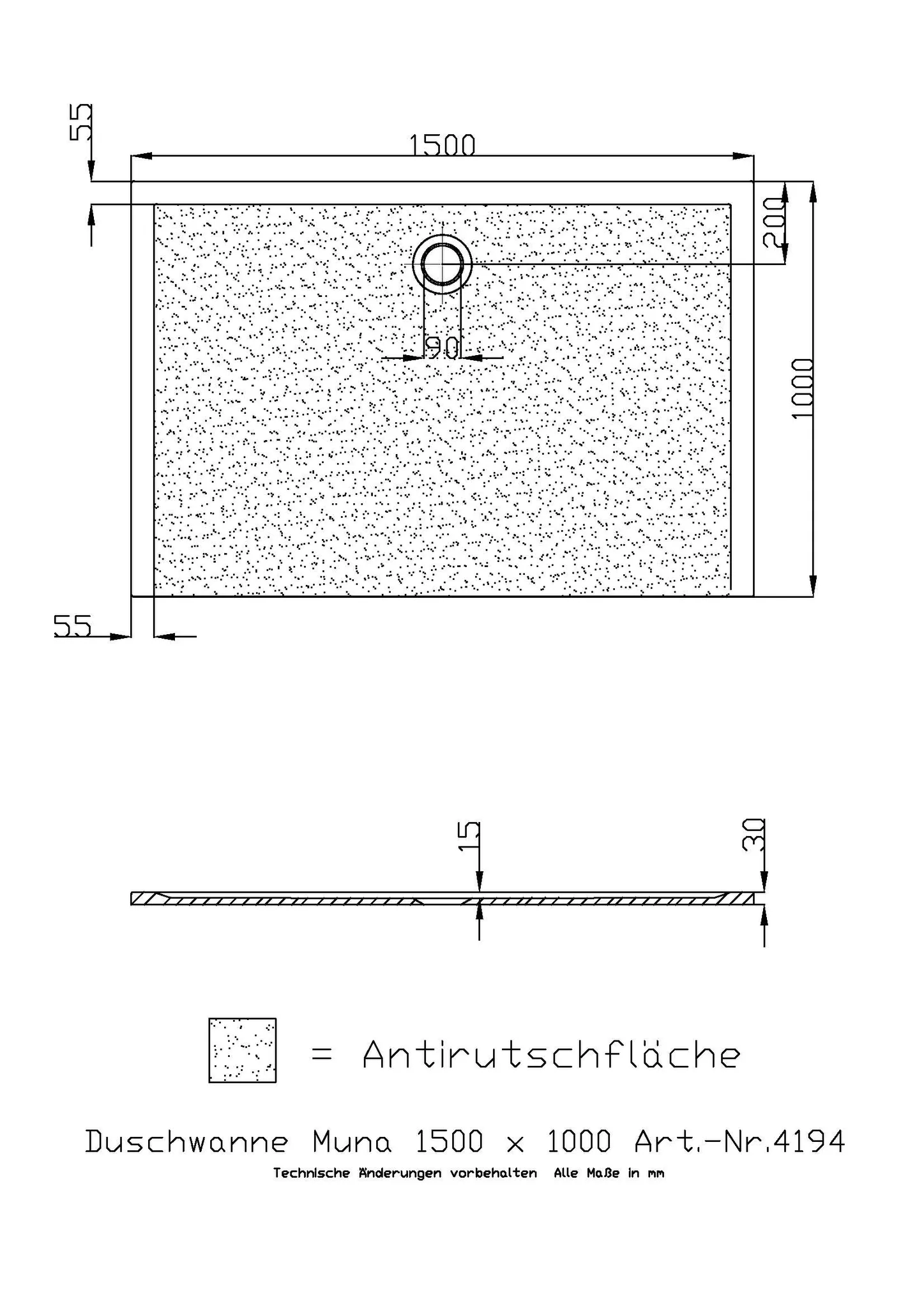 Duschwanne „Muna“ Rechteck 150 × 100 cm in Steingrau