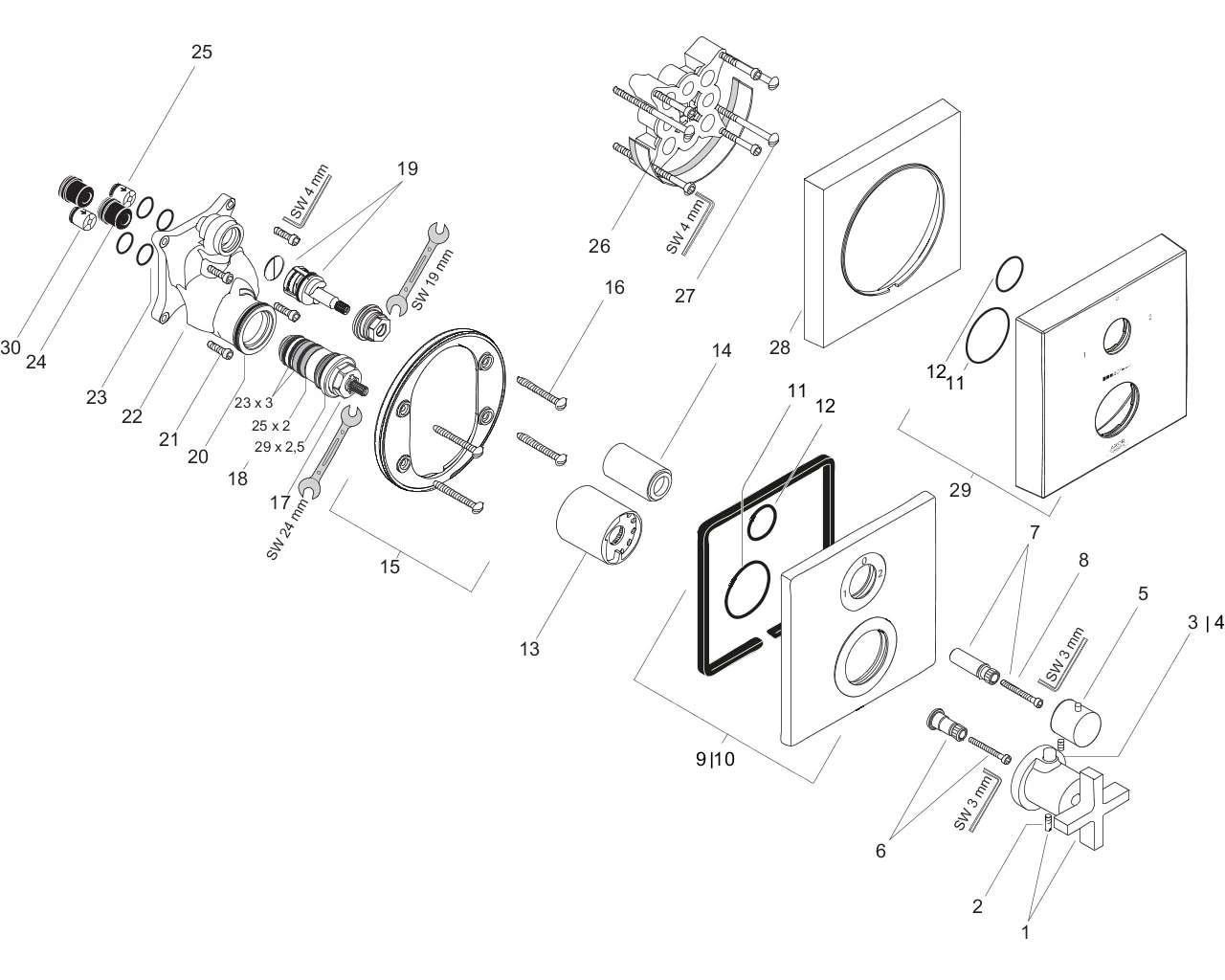 Thermostat UP Axor Citterio F-Set m.Absperr-u.Umstellvtl./Kreuzgriff chrom