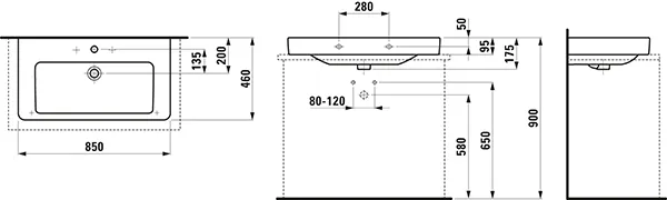 Aufsatzwaschtisch PRO S 460x850x175 1 Hahnloch mit Überlauf weiß