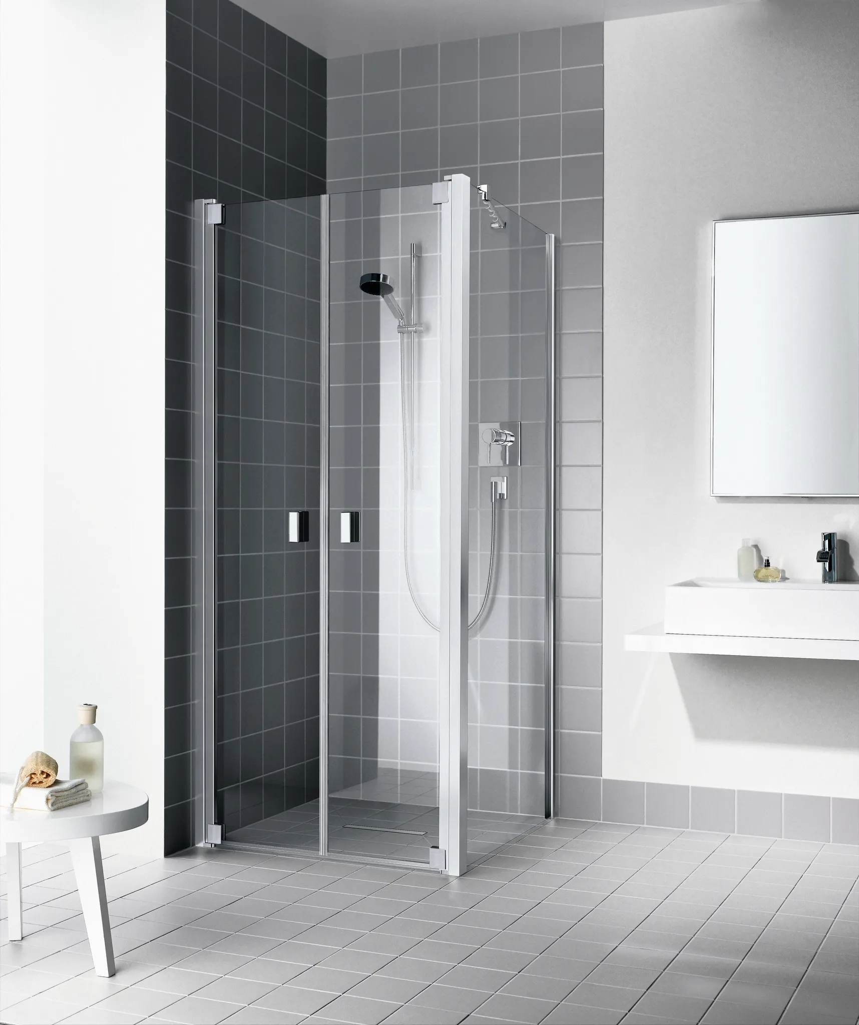 Kermi Pendeltür für Nische und Ecke „RAYA“ Glas Klar, Profile Silber Mattglanz, BV: 893 - 953 mm GAK: 880 - 930 mm WE: 893 - 953 mm H: 2000 mm
