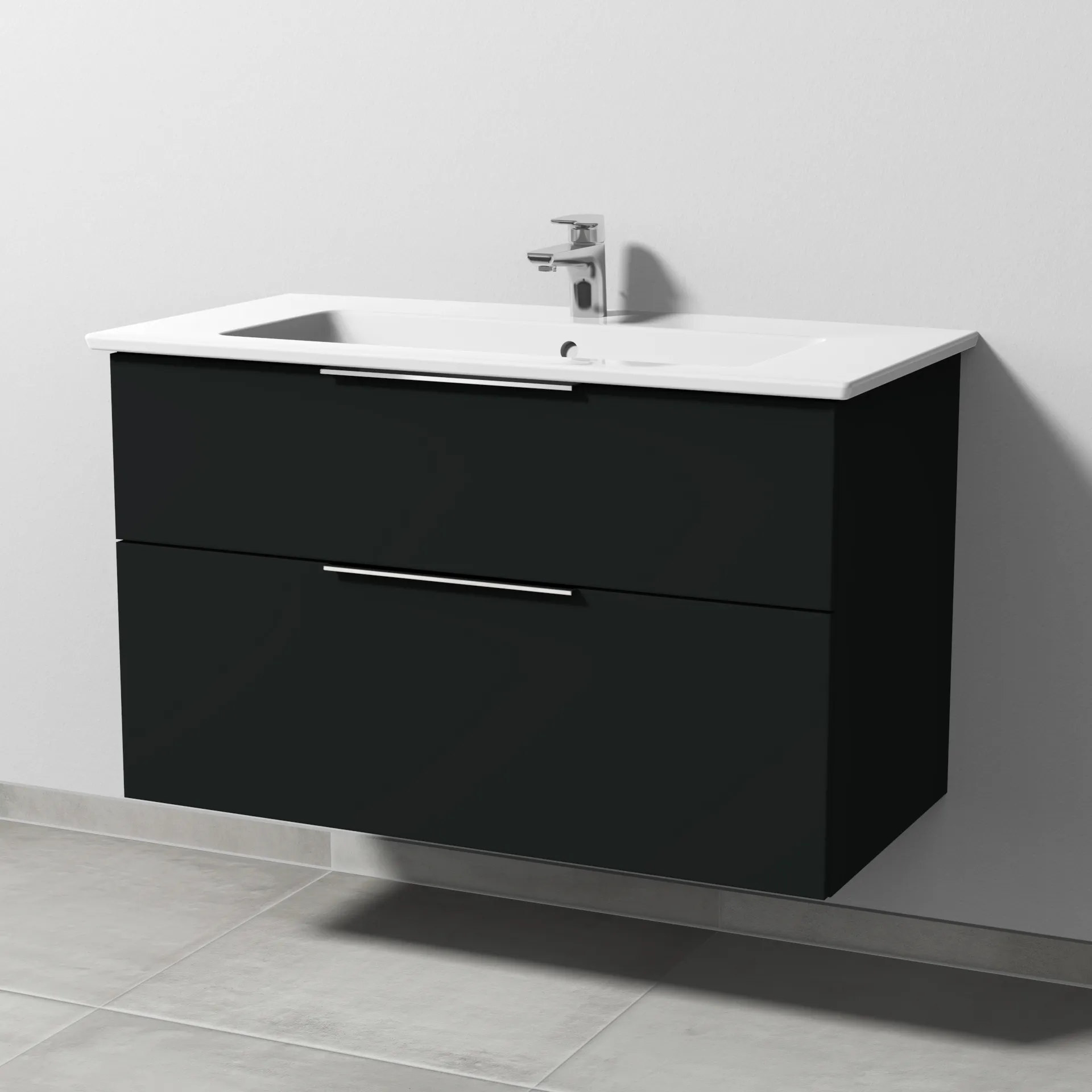 Keramik-Waschtisch-Set mit Waschtischunterschrank „3way“ 95,5 × 47,7 × 59,1 cm in Vulkan (matt), mit Hahnlochbohrung, Becken mittig Keramik-Waschtisch-Set mit Waschtischunterschrank „3way“ 95,5 × 47,7 × 59,1 cm in Vulkan (matt), mit Hahnlochbohrung, Becken mittig
