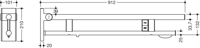 Stützklappgriff Duo, Design A des Systems 900, Edelstahl, PVD, Ausladung 900 mm, mit WC-Papierhalter und Spül-/Funktionstasten (E-Ausführung), Ausführung links, in Farbe CK (messing glänzend)