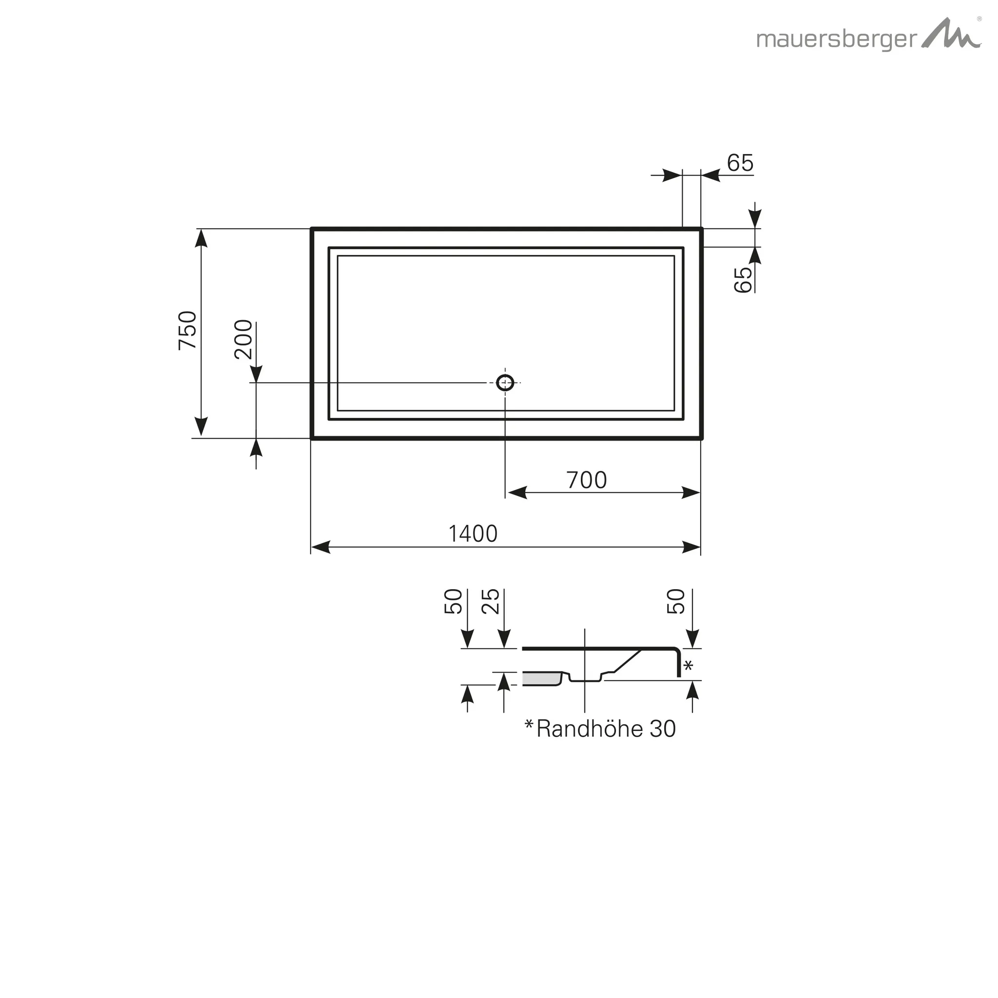 Mauersberger lupina Acryl-Duschwannen-Einheit lupina 140/75 1-teilig, weiß