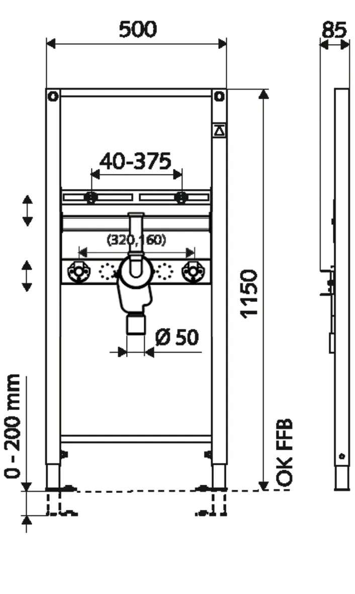 Waschtisch-Modul MONTUS, für Ständerwand- oder Vorwandmontage. Für wandhängende, barrierefreie Waschtische, B 50 cm x H 115 cm, Rahmen pulverbeschichtet